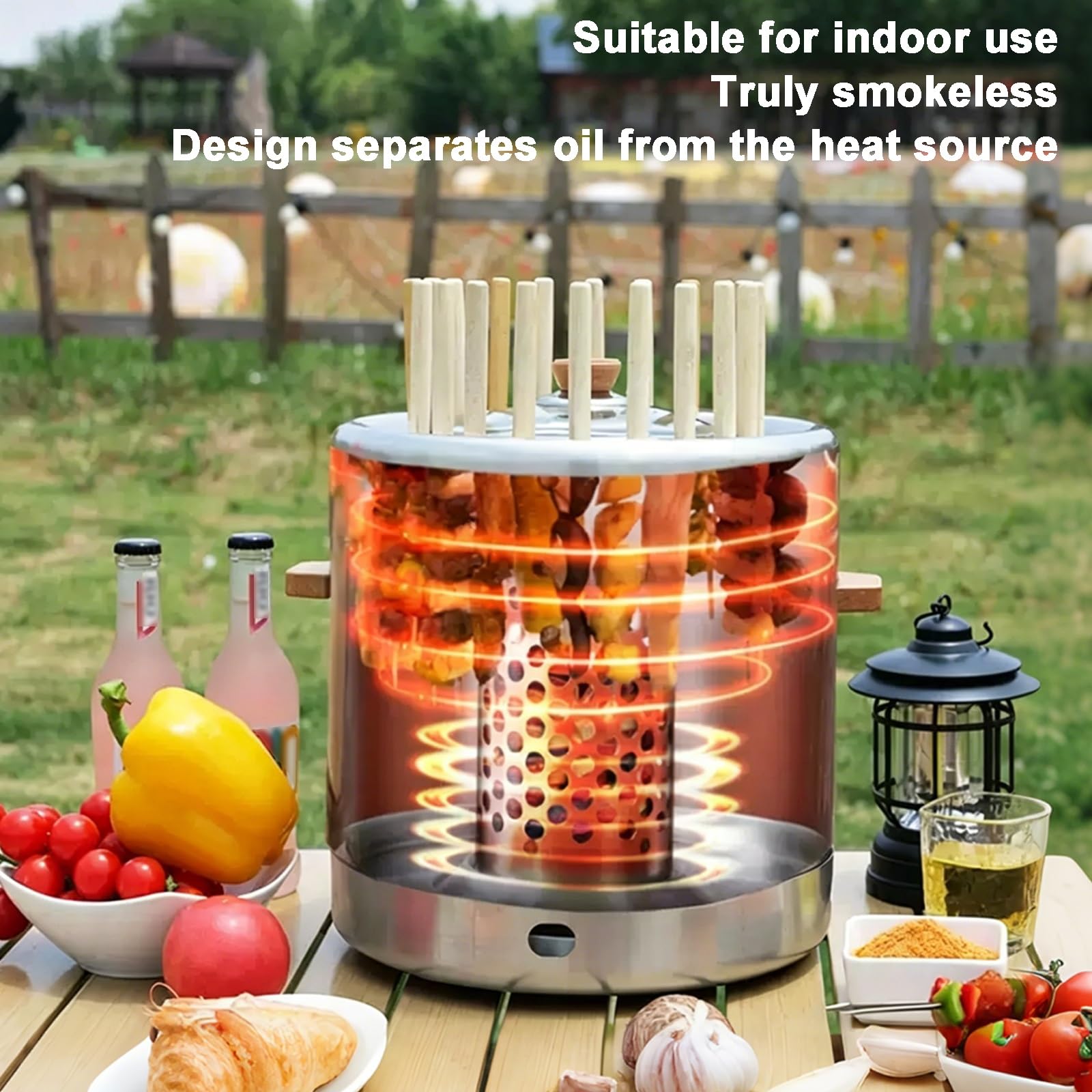 Affumicatore Compatto, Barbecue Portatile Smontabile, con Manico in Legno Coperchio in Vetro, Acciaio Inox Alimentare 304 da Esterno Giardino Campeggio