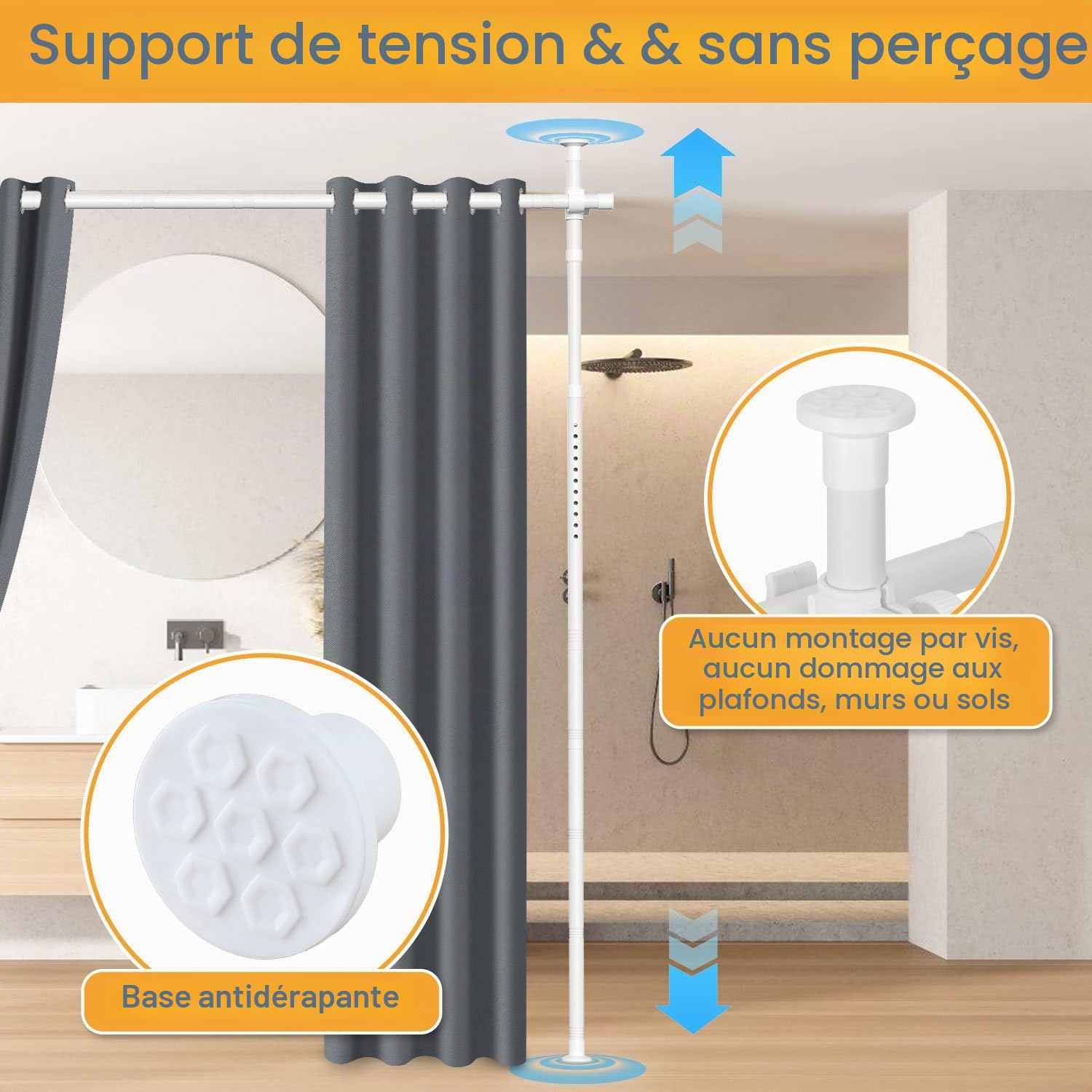 Tringle Rideau sans Perçage H 122-320 cm B 70-177 cm | Acier carbone, Salon chambre dressing, Préserve l’intimité, Blanc, Paravent interieur, Rideaux non inclus