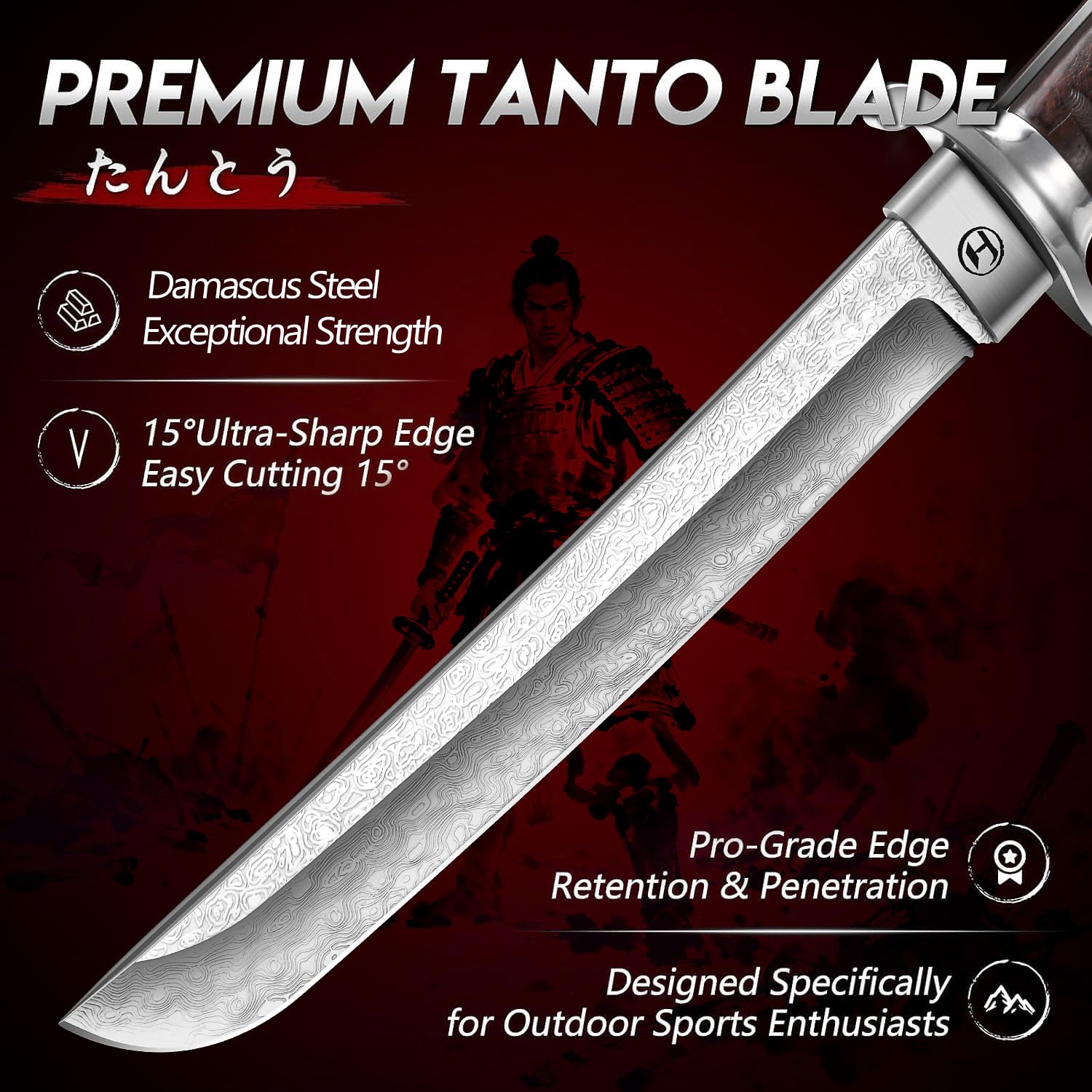 XTL Jagdmesser Outdoormesser, Japanisches Damast Tantomesser mit Scheide, Full Tang Tanto Survivalmesser, Outdoor Camping Buschmesser, Geschenk für Männer