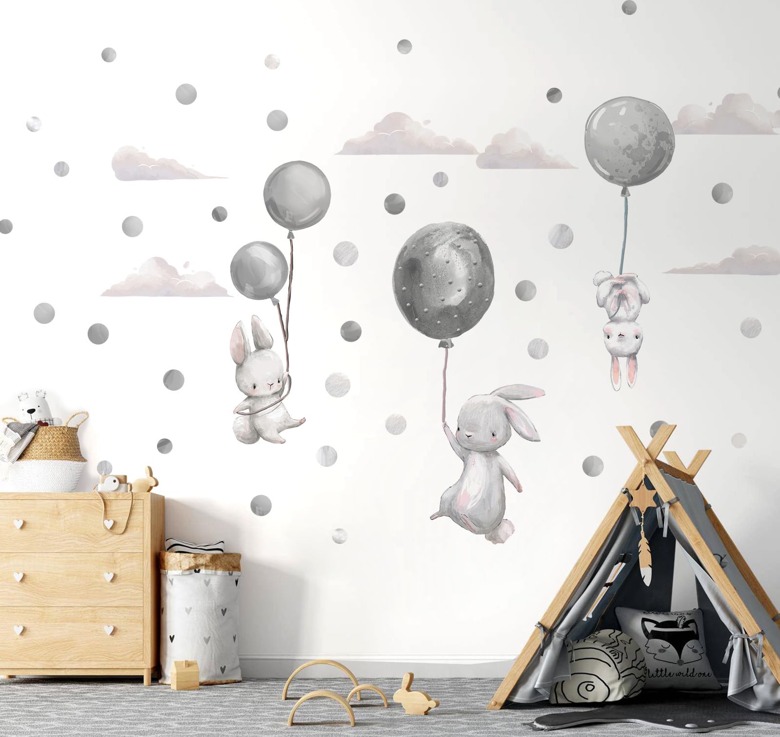 Sticker mural lapins volants gris pour décoration de chambre d'enfant