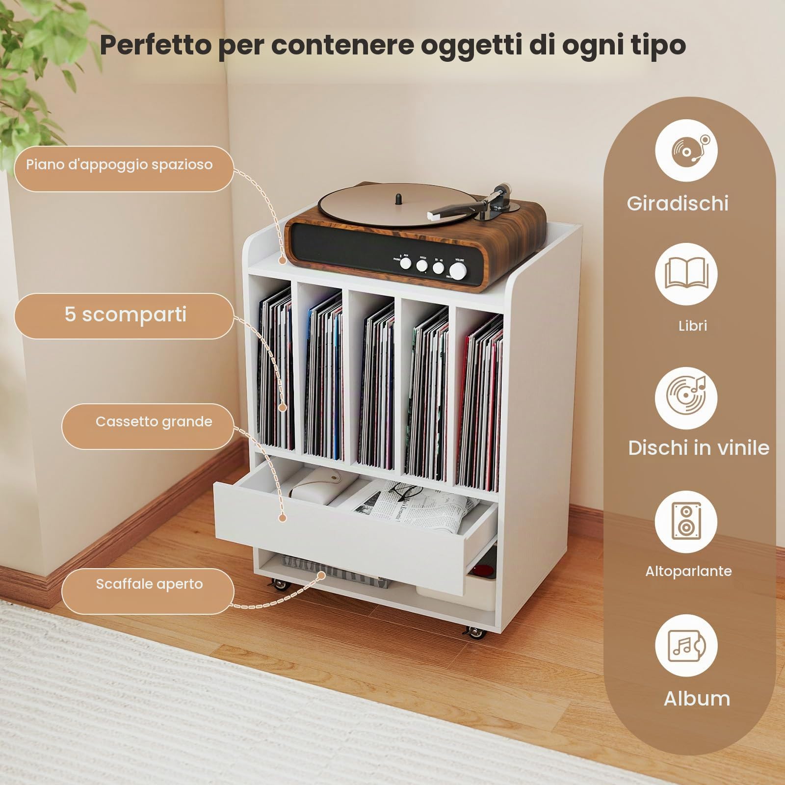 KOMFOTTEU Supporto per Giradischi in Vinile Fino a 180 Album, Mobile Giradischi con Ruote, Mobiletto Portaoggetti con Scomparti Aperti, Cassetto e Ganci per Ufficio, Soggiorno, Studio (Bianco)