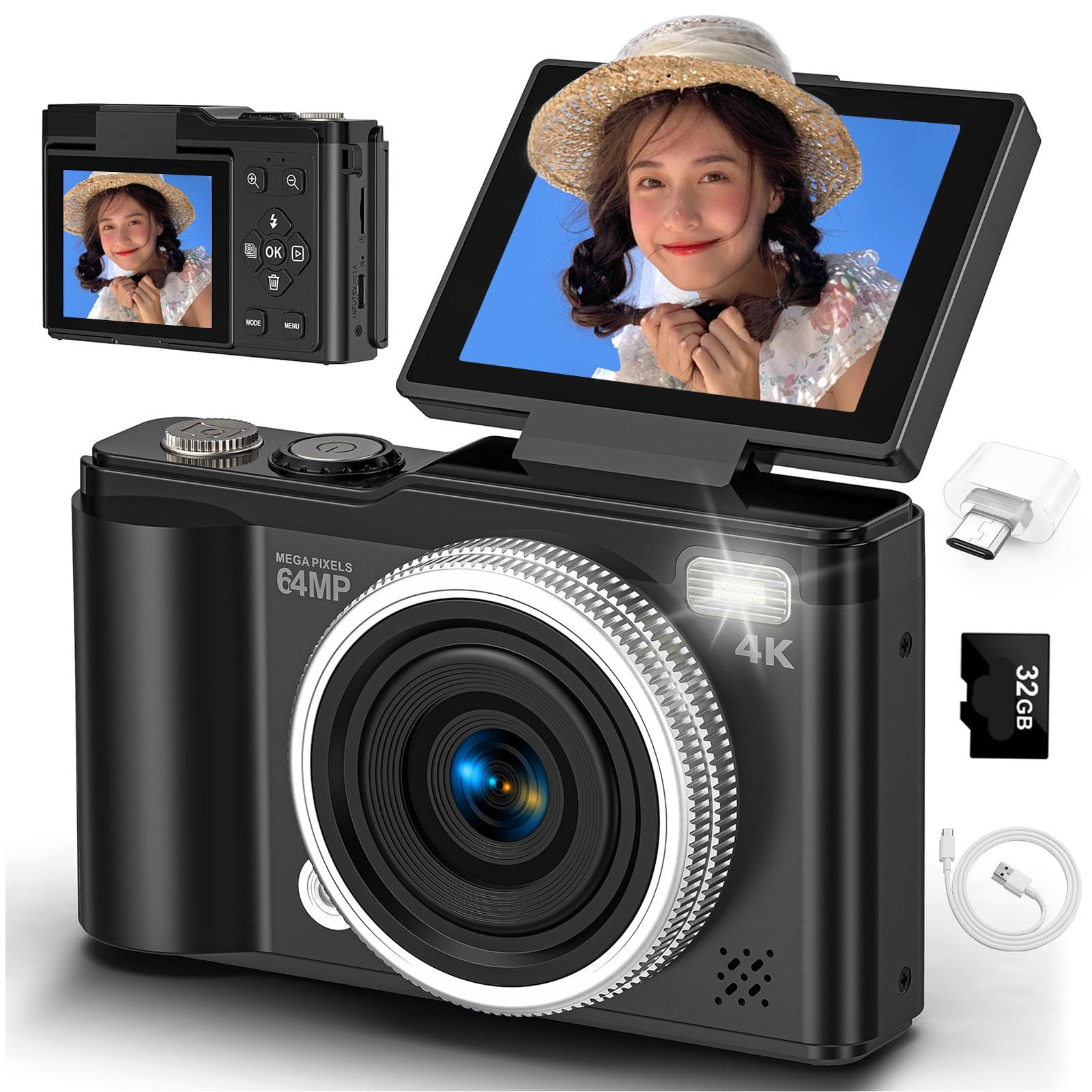 デジタルカメラ umeu Amazon | デジカメ 4K デジタルカメラ 6400万画素 180度回転可能