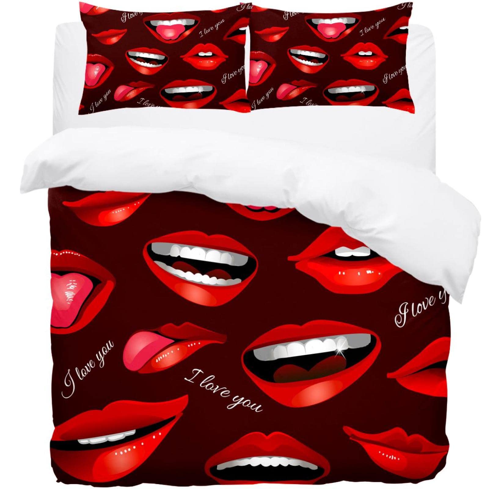 Parure de lit simple 3 pièces housse de couette lèvres rouges et 2 taies d'oreiller