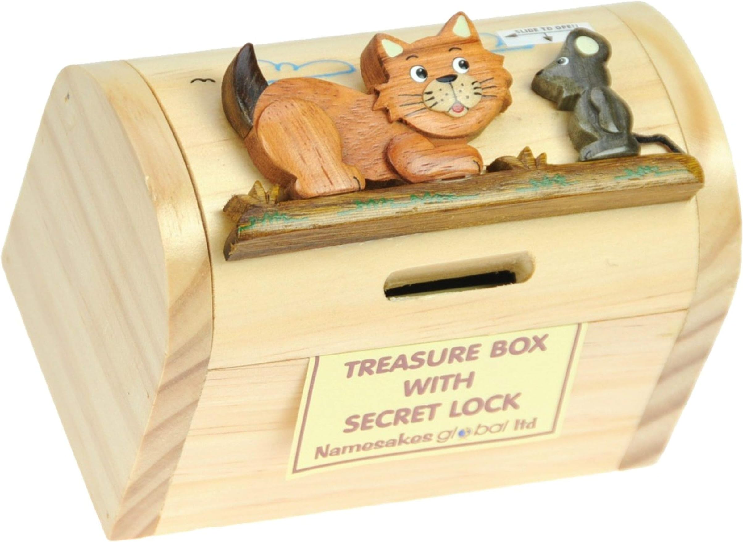 Namesakes : Cat & Mouse Money Box with Secret Lock : Childrens Wooden Treasure Chest for kids and Adults (12x9x7cm)