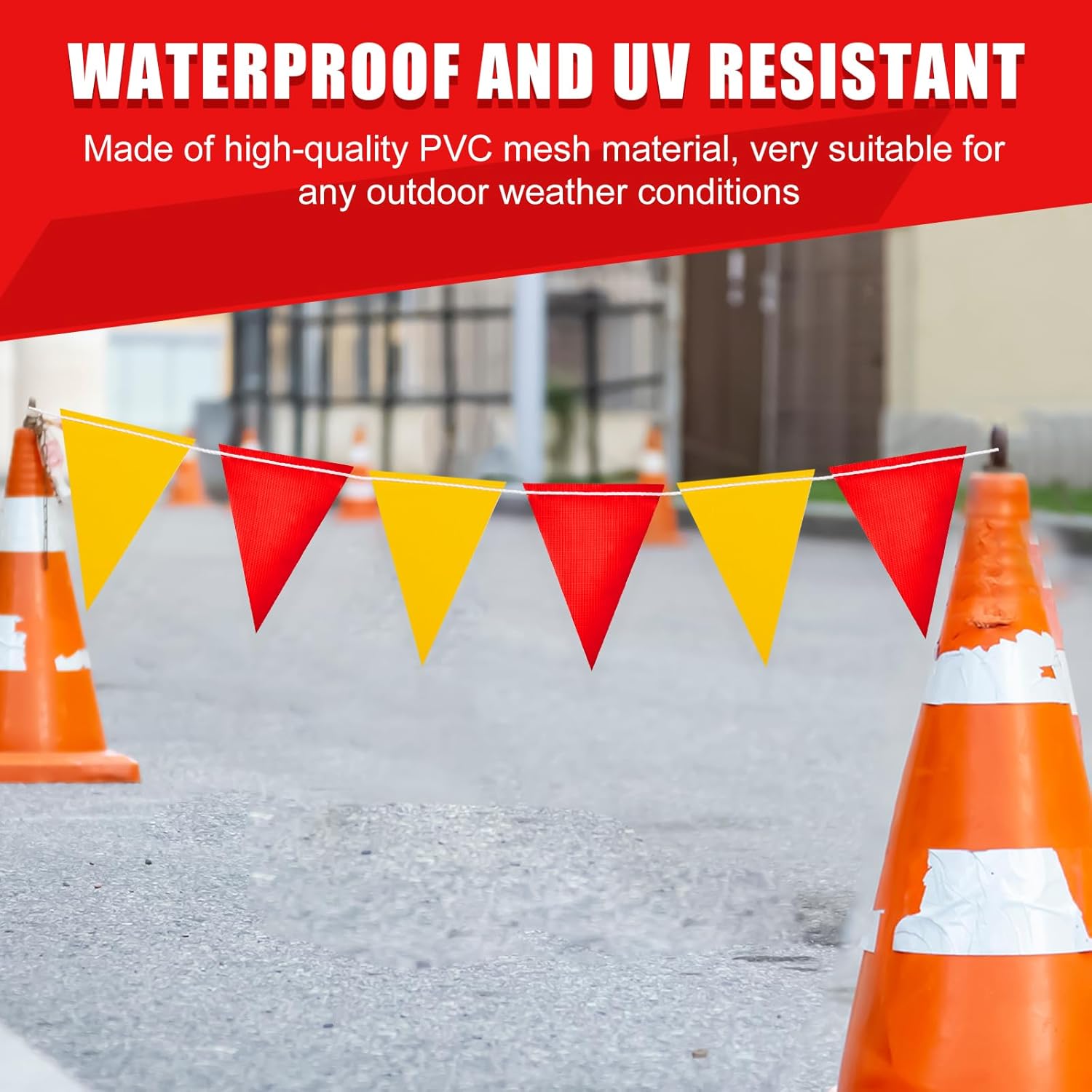 Safety Warning Pennant Banner Flags – Multipurpose OSHA High Visibility Colored Triangle Flags for Roadwork, Party and Hazard Areas(RED+YELLOW,45pcs,105FT) - Image 7