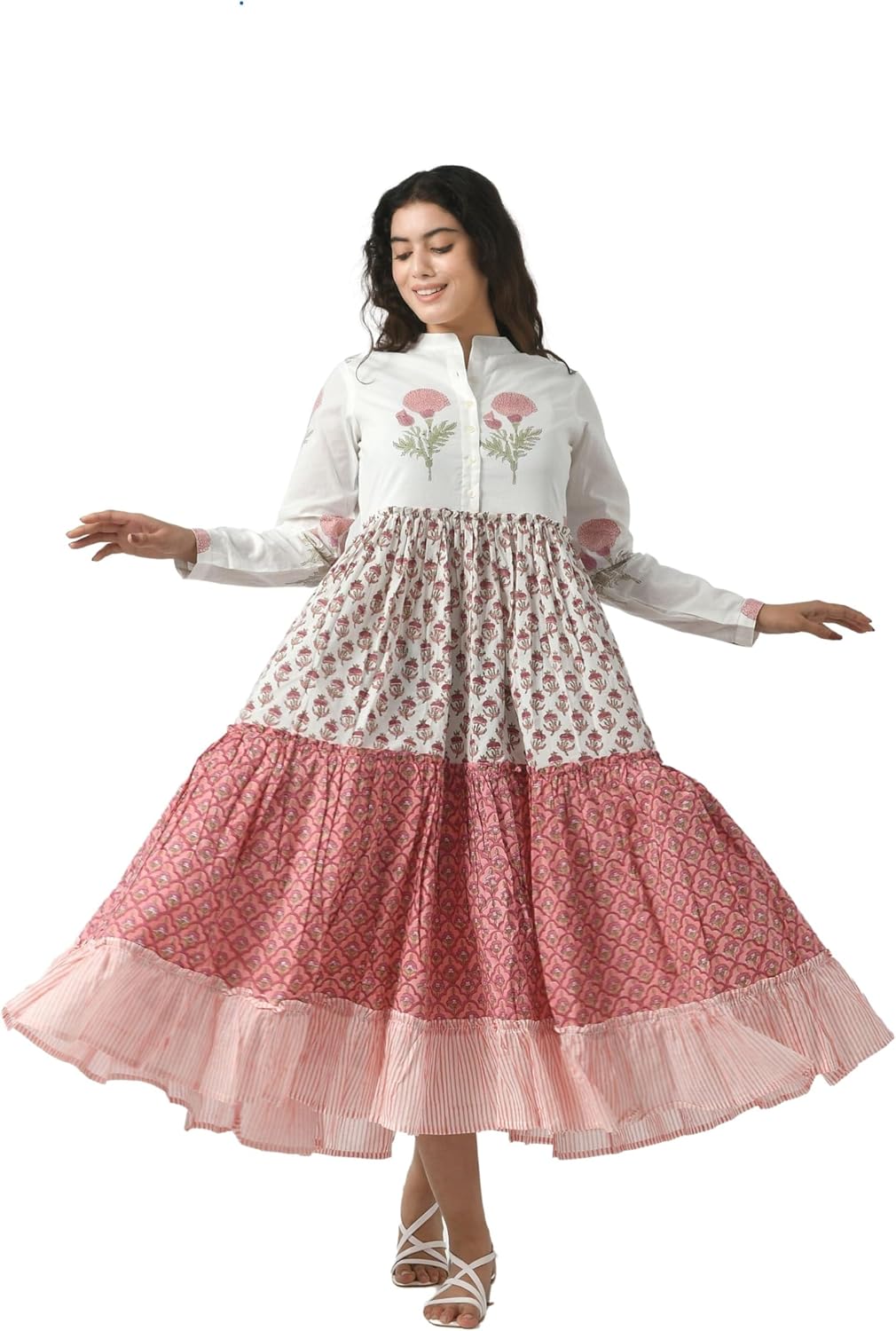 Women’s Block Print Maxi Dress, Cotton Tiered Long Gown with Pockets, Full Sleeve Button Down Ruffle Dress