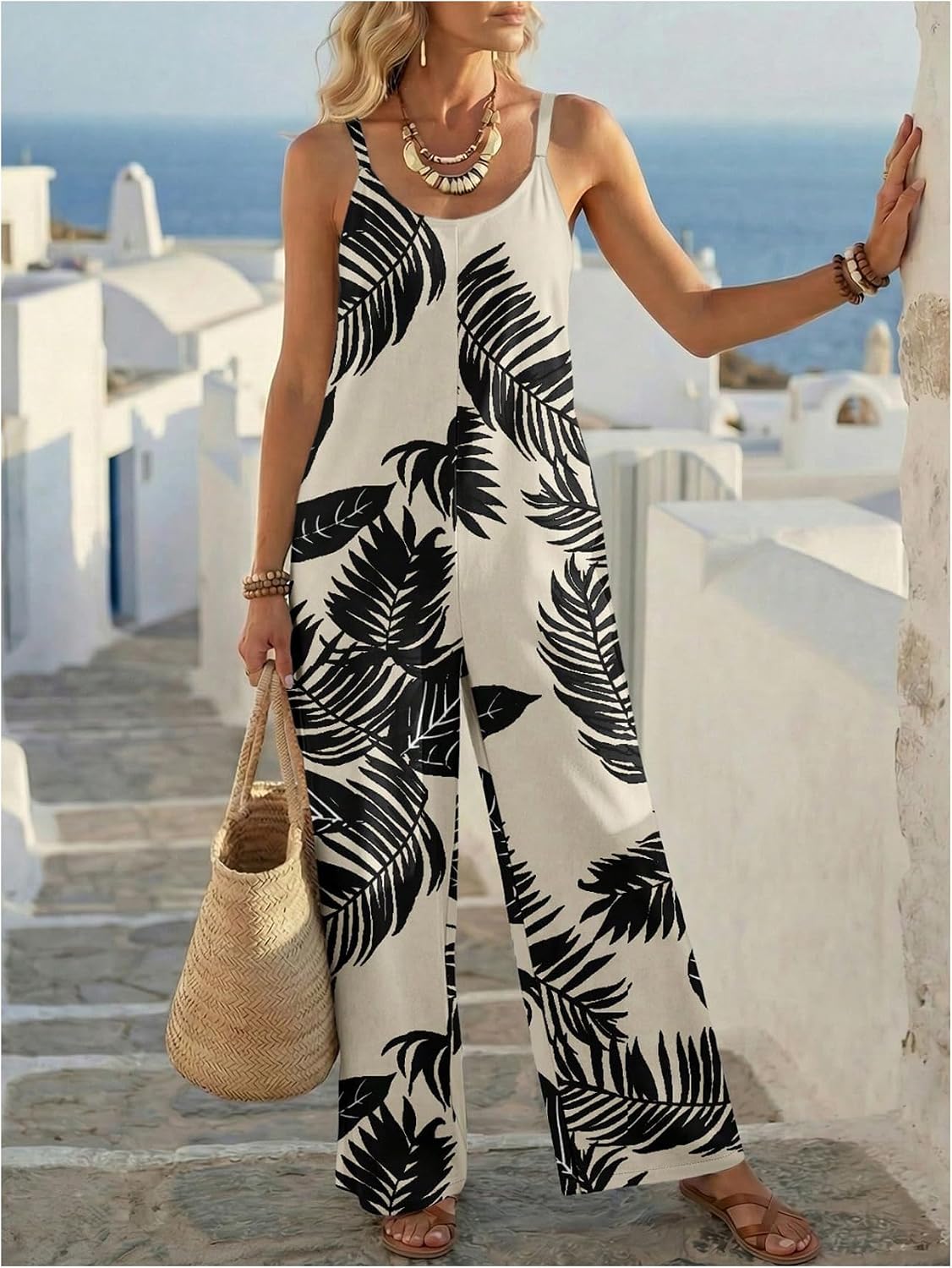 SweatyRocks Women's Tropical Print Wide Leg Jumpsuit Rompers Boho Spaghetti Strap Vacation Jumpsuits with Pockets