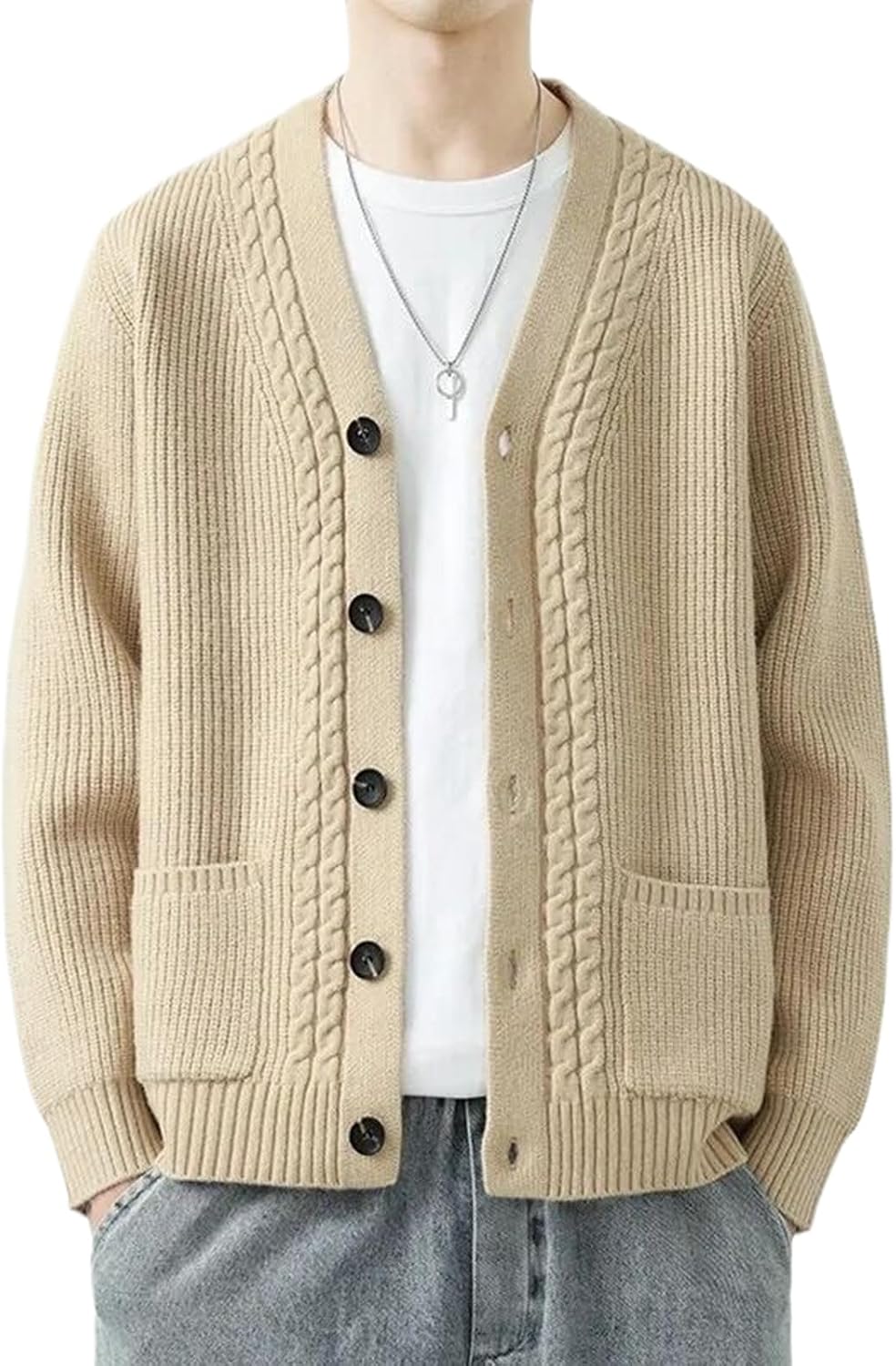 Spring Autumn Men's Knit Cardigan Slim Fit Knitted Sweatercoat Men Solid V-Neck Sweater Outerwear
