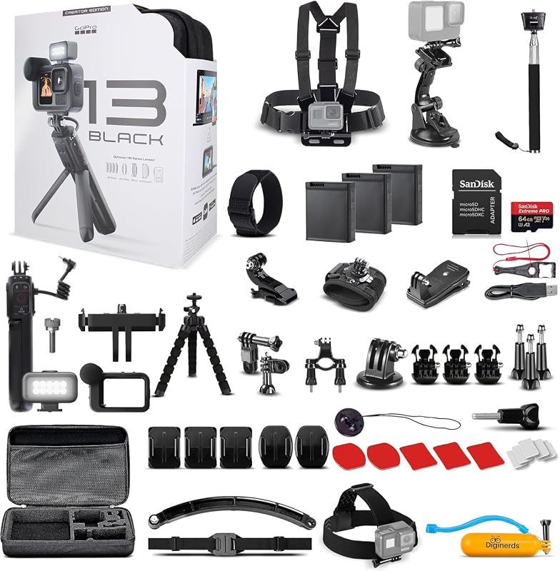 GoPro HERO13 Black Creator Edition - Includes Volta (Battery Grip, Tripod, Remote), Media Mod, Light Mod, Waterproof Action Camera + 64GB Card, 50 Piece Accessory Kit and 2 Extra Batteries