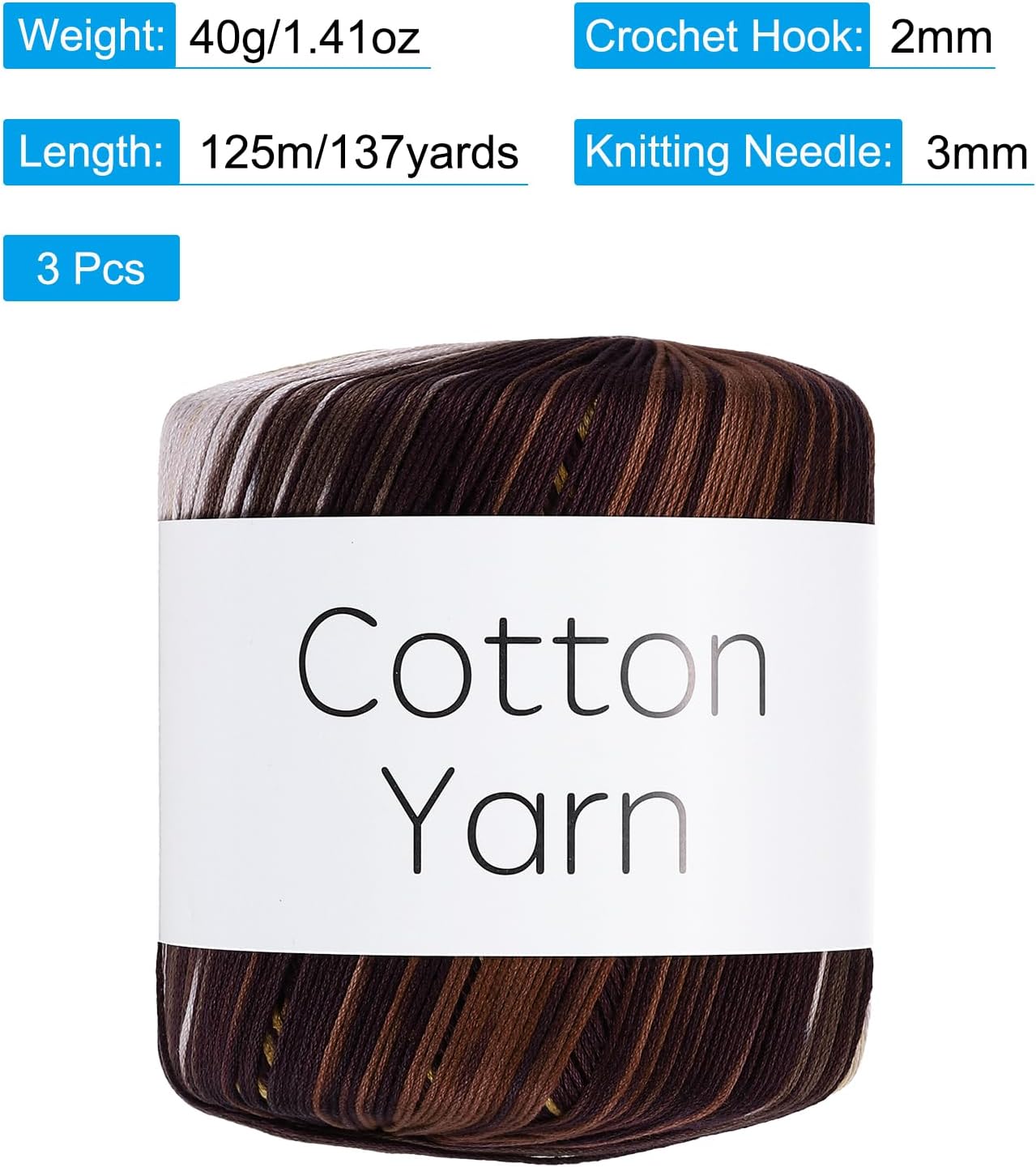 Cotton Yarn,100% Cotton Soft Knitting Yarn [for Hand DIY Bag Cushion Crocheting Knitting Project Home Decor] -3 Packages of 120g/4.23oz(Per Skein 40g/137yards)/Brown Shades
