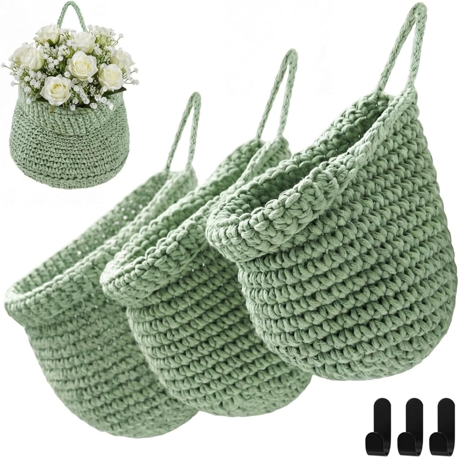 Honeydak Boho Decor Hanging Wall Baskets for Kitchen 3 Pack Teardrop Baskets with Hooks Storage Fruit Onion Vegetable Potato for Home 3 Sizes(Linen with Black,Teardrop,Cotton Rope)