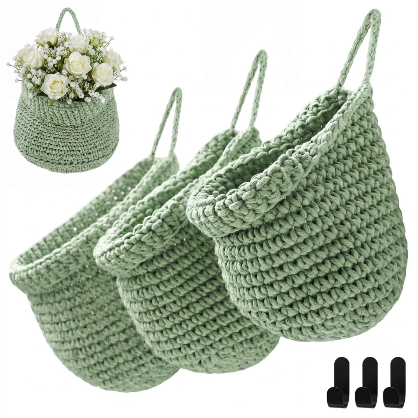 Honeydak 3 Hanging Baskets, Sage Green, Wide Bucket Basket