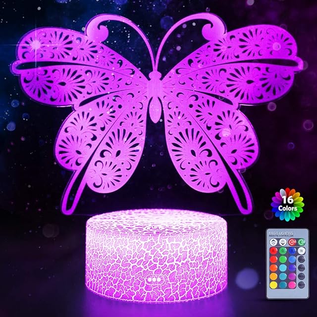 WHATOOK Butterfly Lamp Butterfly Night Light for Kids with Remote Touch 7 Colors + 16 Colors Changing Kids Room Decor 3D Optical Illusion Kids Lamp As a Gift Ideas for Kids Girls Wife Women