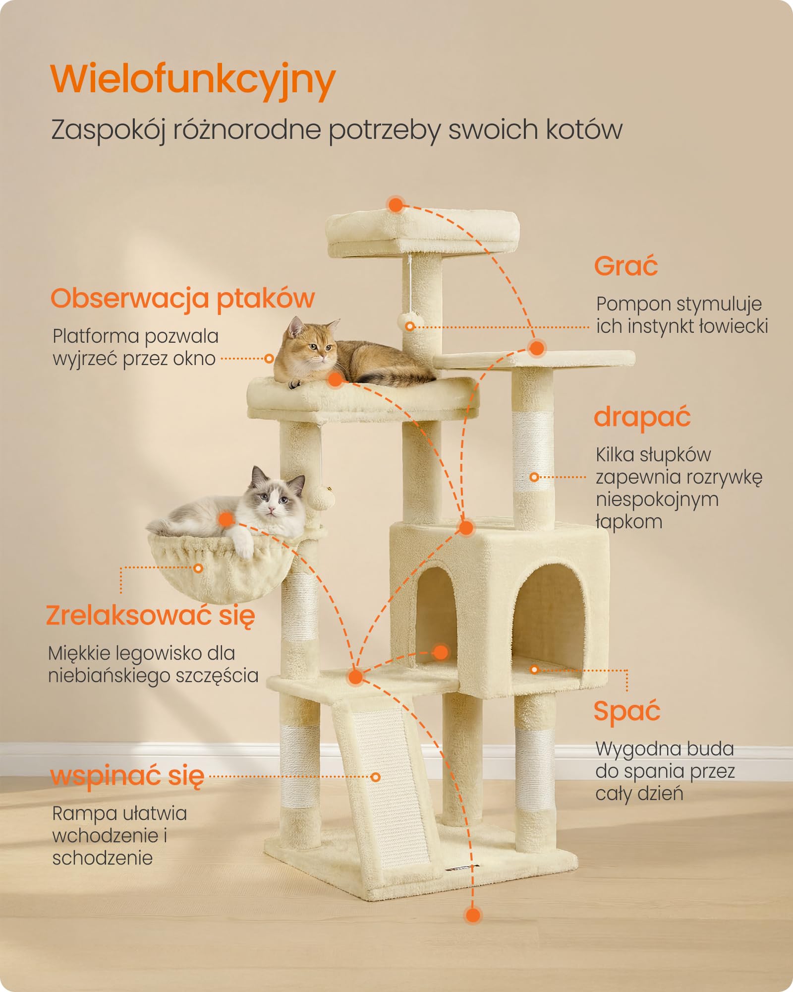 Feandrea Drapak dla kota, drapak z 3 dużymi platformami, jaskinią i koszykiem, 2 pluszowe piłki, wysokość 136 cm, kolor piaskowo-beżowy PCT012LF01