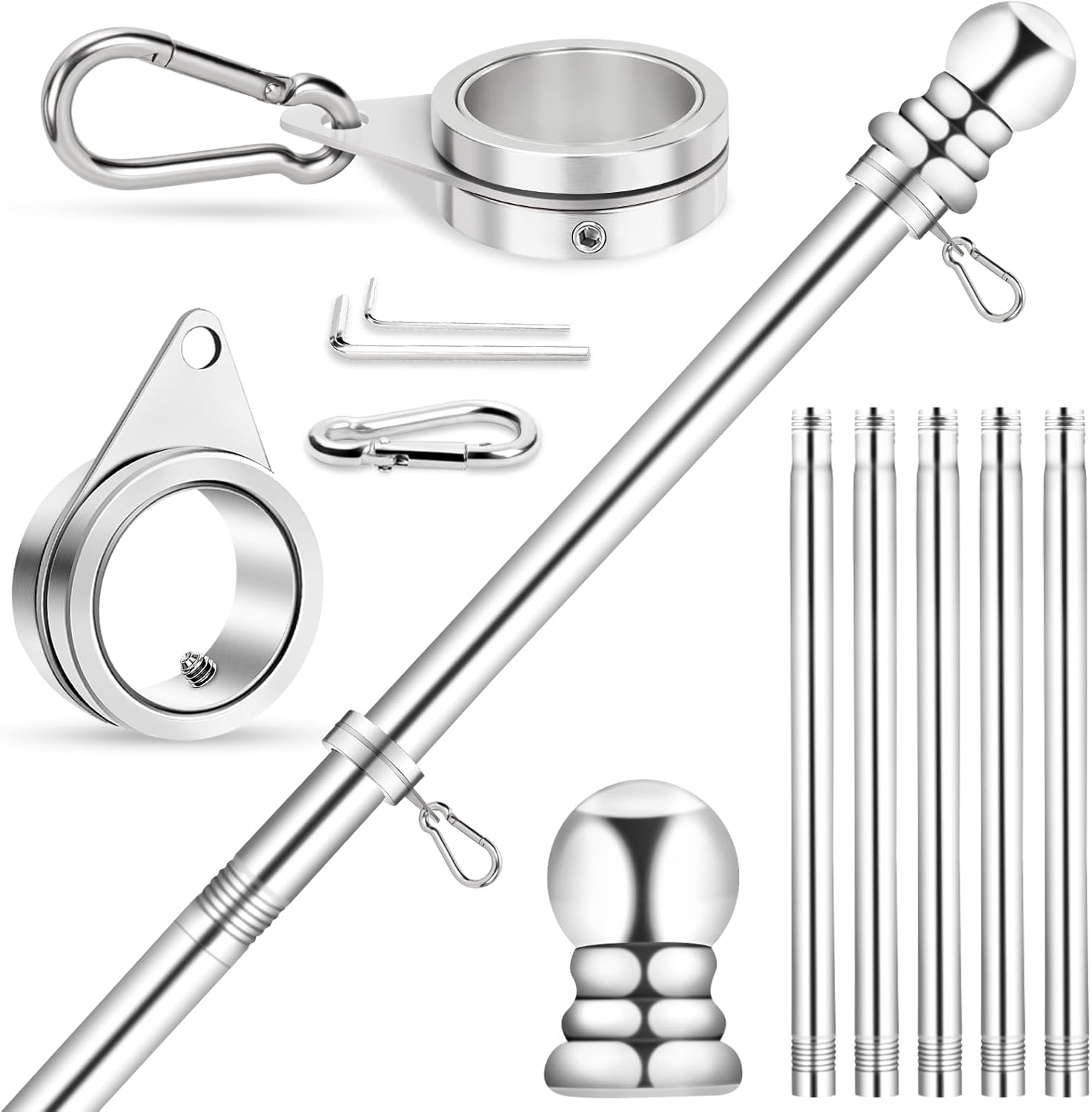 Flag Pole for House, REERON 6 FT Stainless Steel Spinning Flagpole Kit, 1" Rustproof Porch Flagpole with 360° Tangle Free Metal Flagpole Ring for Residential Outdoor Sport for 3x5 Flag, Without Holder