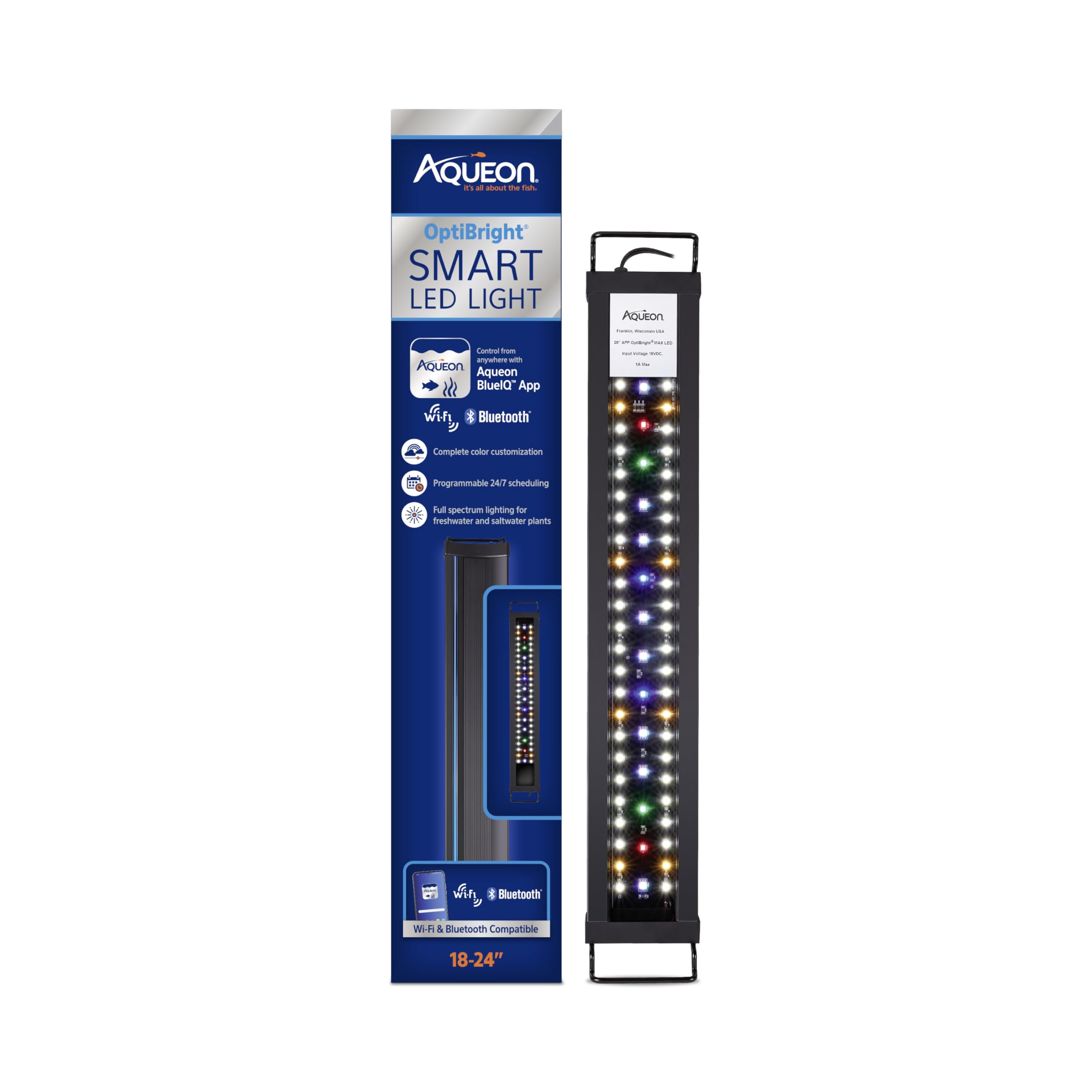 Aqueon OptiBright Smart LED Light Fixture, Wi-Fi and Bluetooth Compatible, Adjustable, for Freshwater and Saltwater Aquariums, 18-24 inches