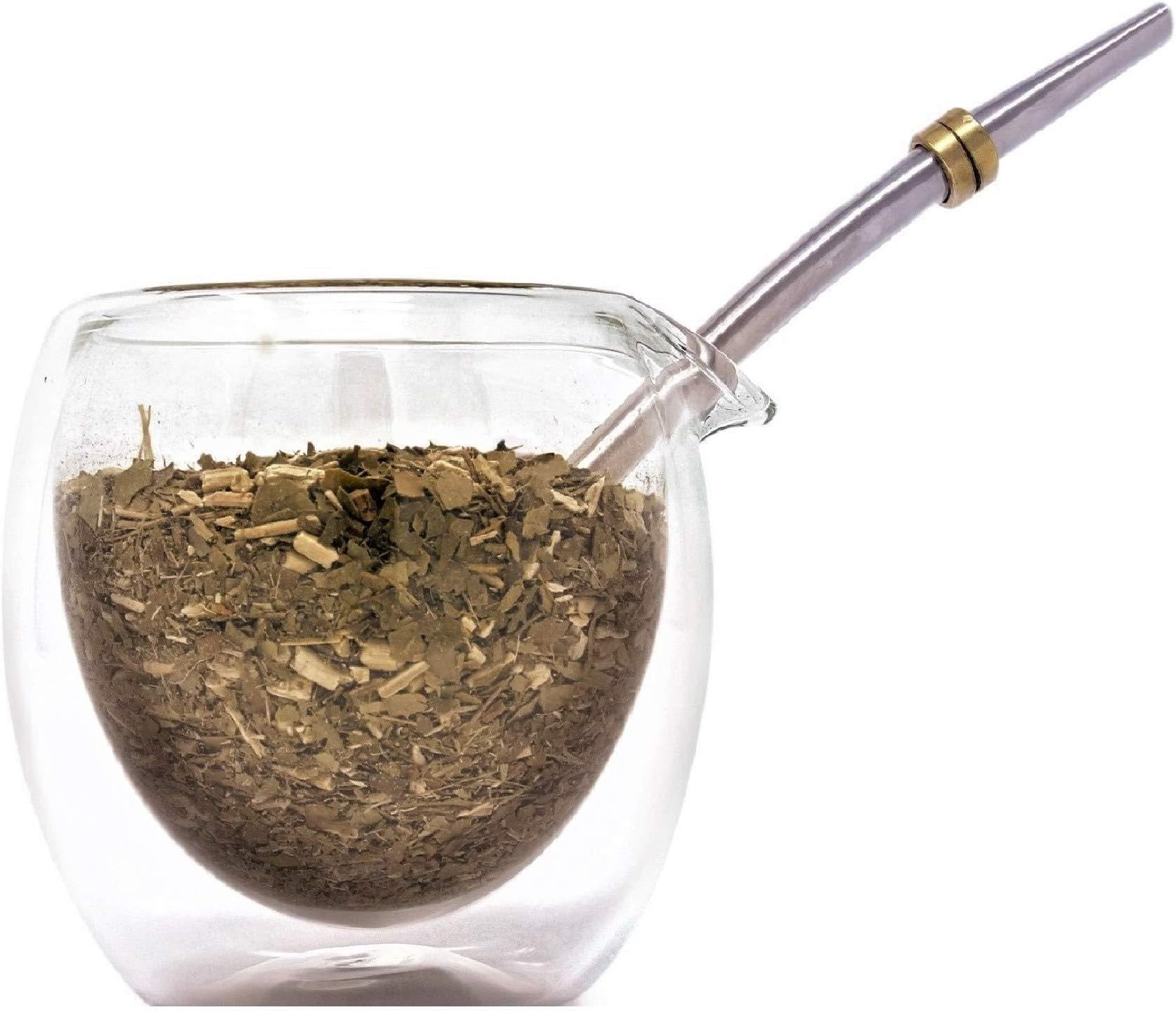 Novomates [NEW] Terere Yerba Mate Gourd Special for a Refreshing Mate Tea Experience / Terere Yerba Mate Cup with Double Wall Glass 7oz (207ml) Including Stainless Steel Bombilla