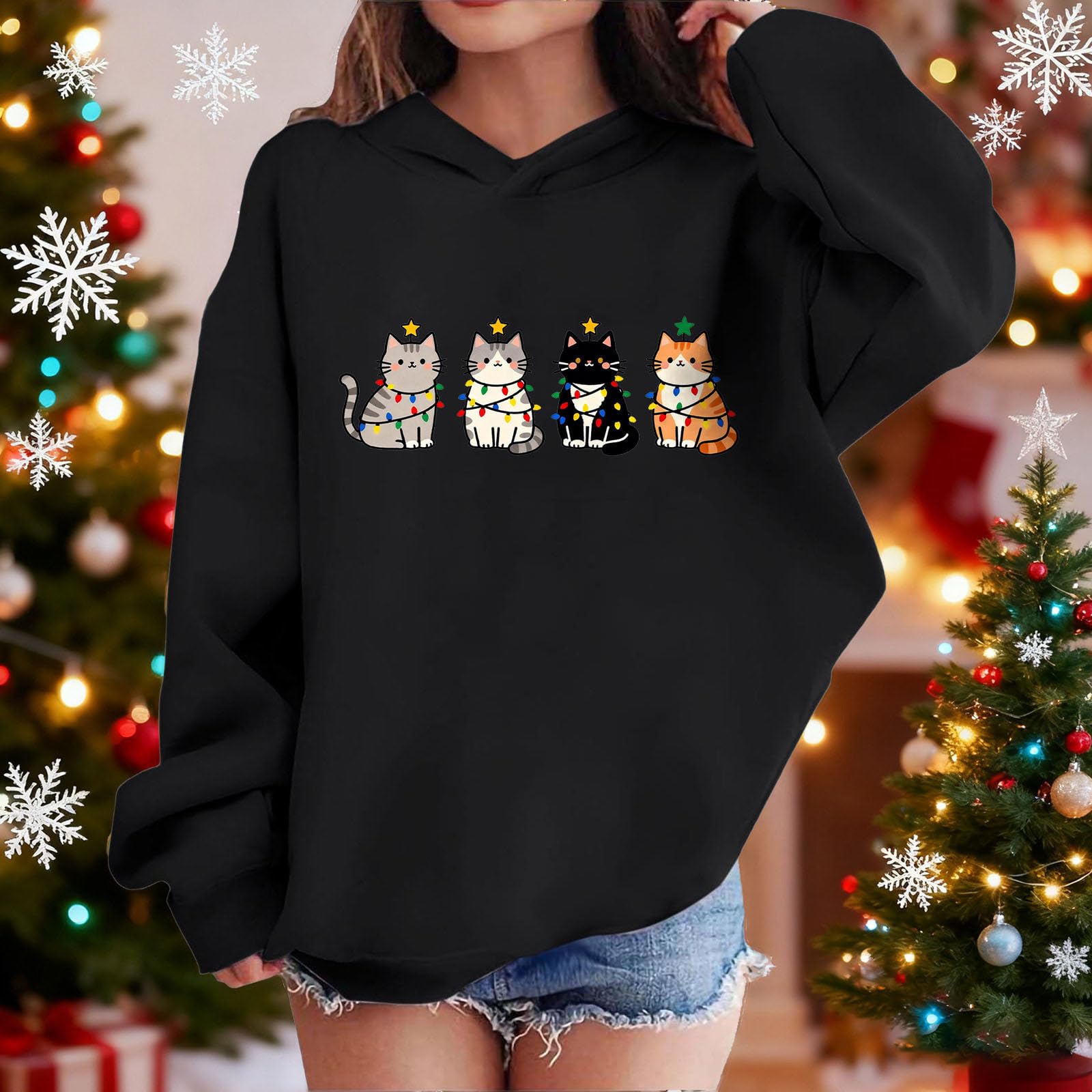 Pullover Kinder Weihnachten - Lässiges Weihnachtsshirt für Mädchen mit Süßem Katzen Schneeflocken Weihnachtsmann Langarm Christmas Hoodie Lustig Freizeitpullover Weihnachtspullover Gr.110-160
