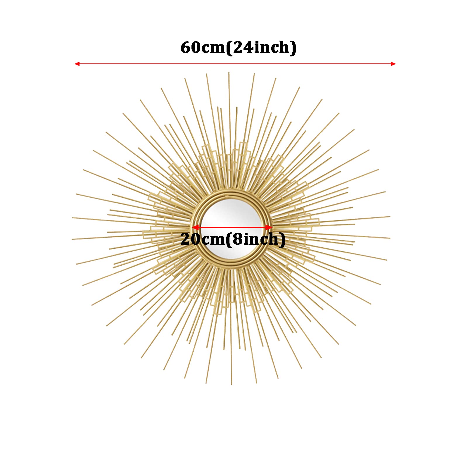 24 Zoll Dekorativer Wandbehang Spiegel in Sonnenform, Gold Runder Sunburst Wandspiegel, Metall Wand Dekor Dekorative Spiegel für Schlafzimmer Wohnzimmer