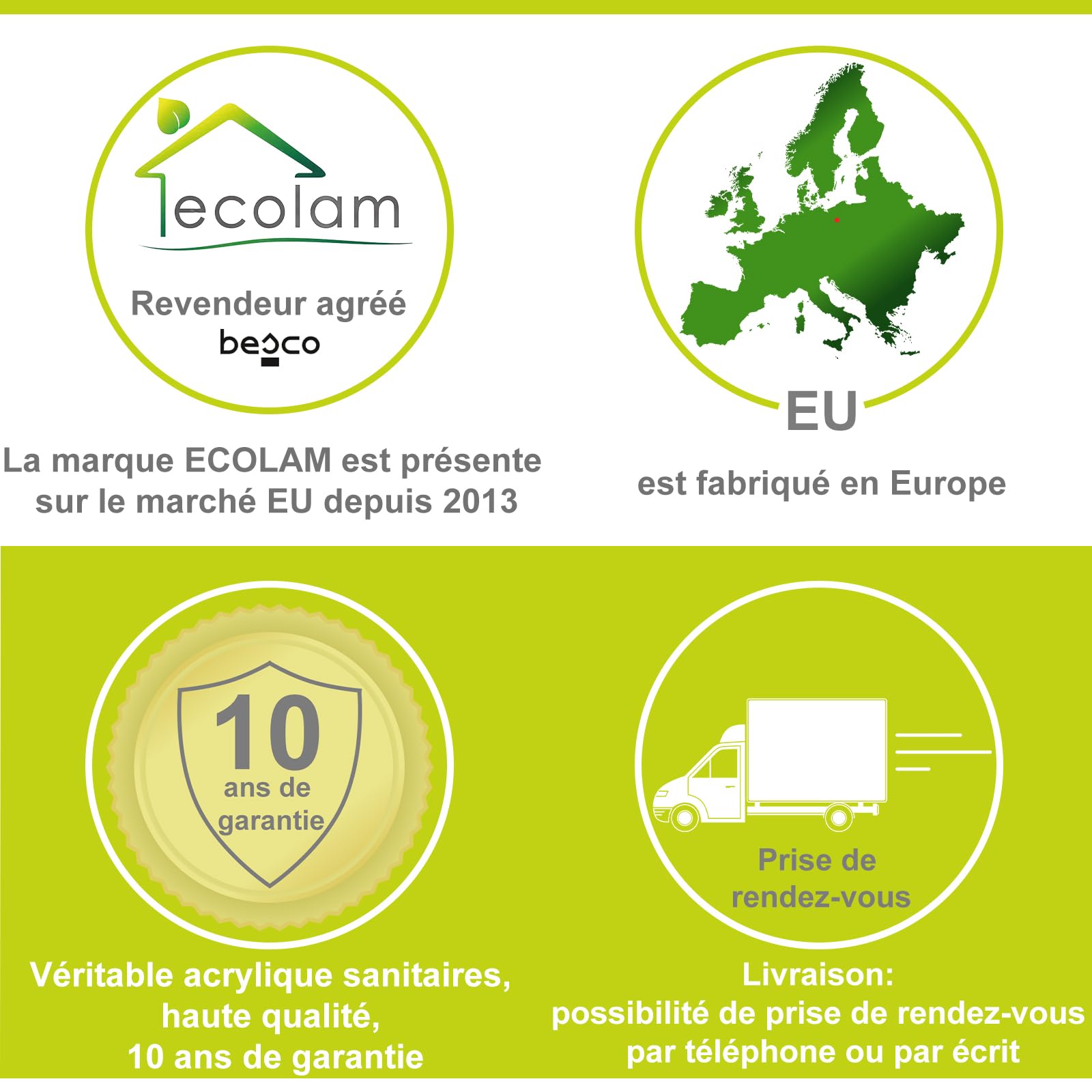 ECOLAM Baignoire d'angle symétrique Mia 140x140cm + tablier | pieds siphon silicone | Belle forme | Set complet