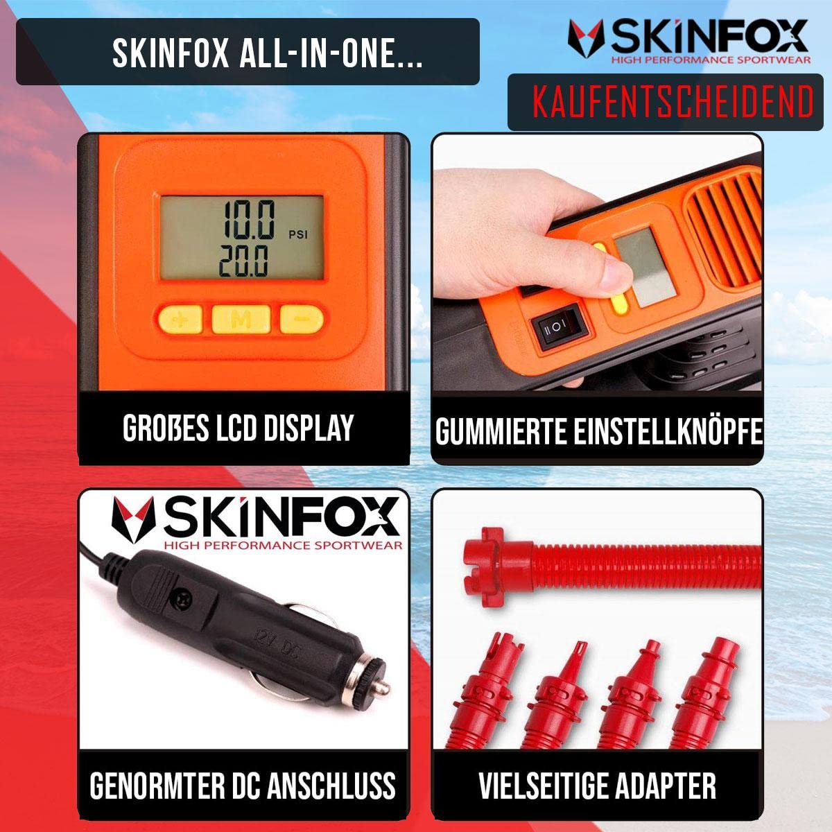 SKINFOX SUPER Electric AIR Pump 0,5 bis 100 PSI SUP Paddelboard Pumpe - All-IN-ONE