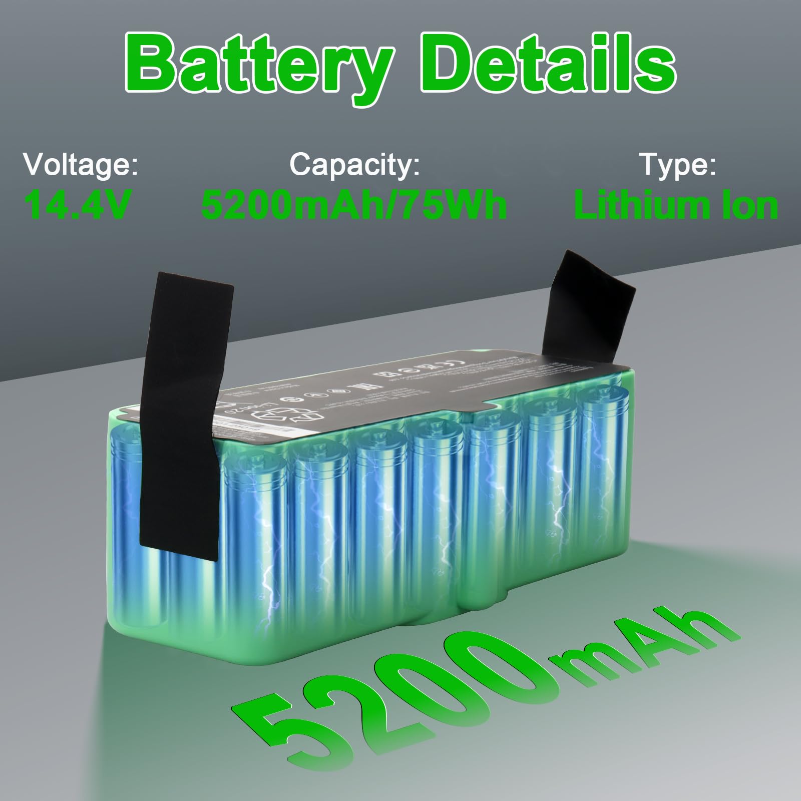 Batteria di ricambio agli ioni di litio 14,4 V 5200 mAh, compatibile con iRobot Roomba 980 960 985 801 850 860 870 880 890 891 895 770 780 790 640 650 655 670 671 675 680 690 685 Serie 520 521