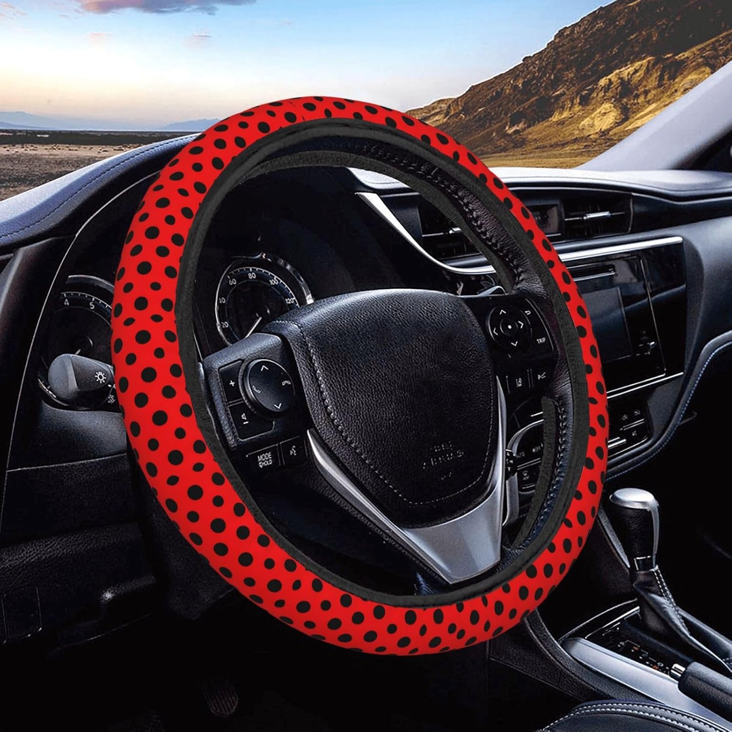 Retro Black Polka Dot Red Car Steering Wheel Cover Auto Steering Wheel Protector Anti-Slip Elasticity and Breathable Car Accessories Universal 15 Inch for Cars SUV Sedan Vans Trucks