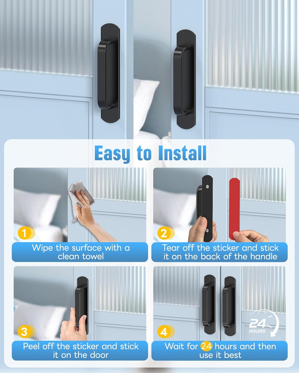 5.7 Inch Self-Adhesive Cabinet Handle, Aluminum Stick-On Sliding Barn Door Pull for Closet, Kitchen Cupboard, Drawer, Window, Glass Door - No Drill Peel and Stick Pull Handle (8, Black)