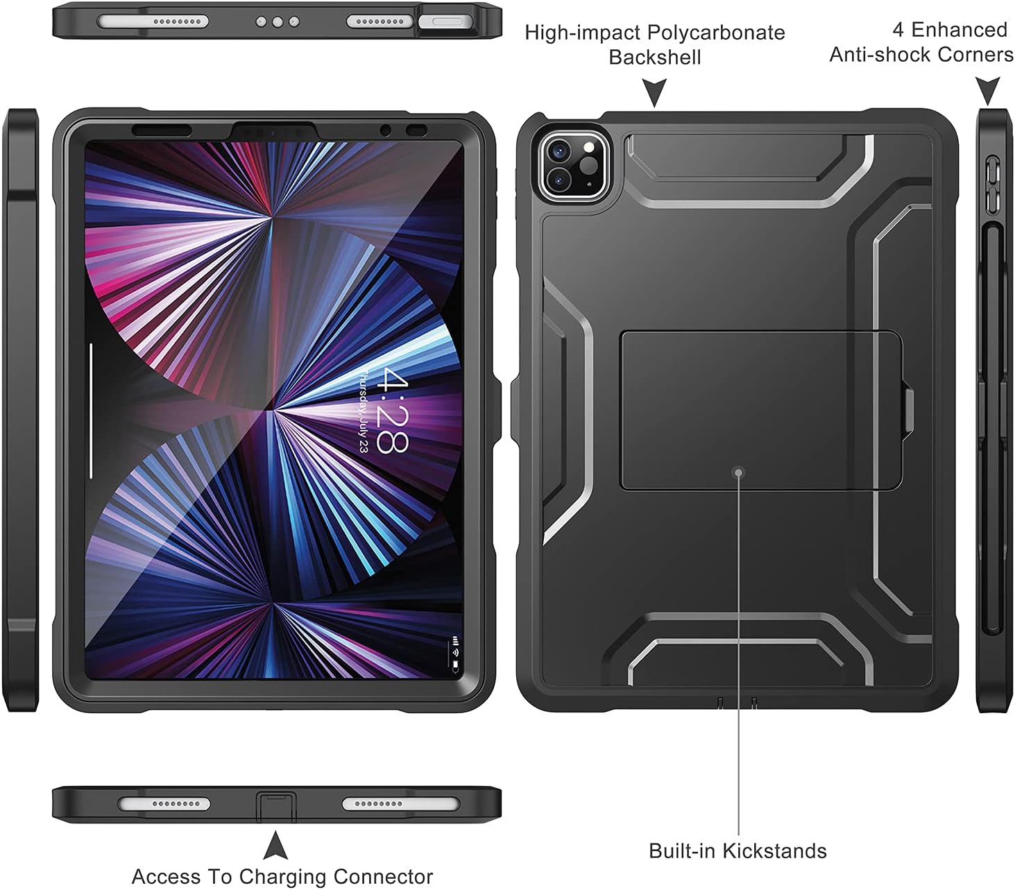 Soke Case for iPad Pro 11 Inch 2022/2021/2020/2018/iPad Air 5th/4th Generation,Built-in Screen Protector - Support 2nd Apple Pencil Charging - Heavy Duty Rugged Protective Kickstand Case - Black