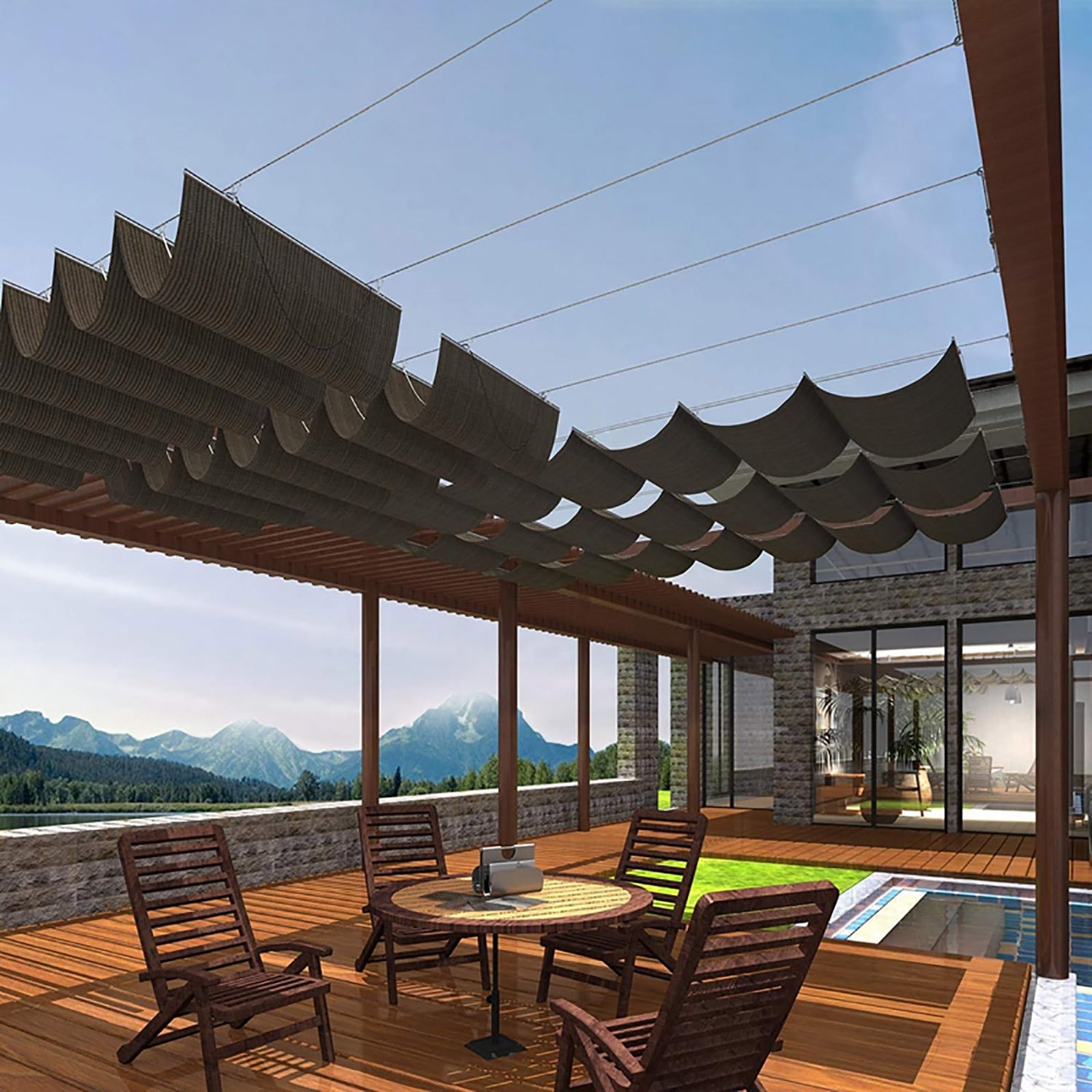 Voile d'ombrage rétractable en vague bâche de protection UV réglable pour pergola