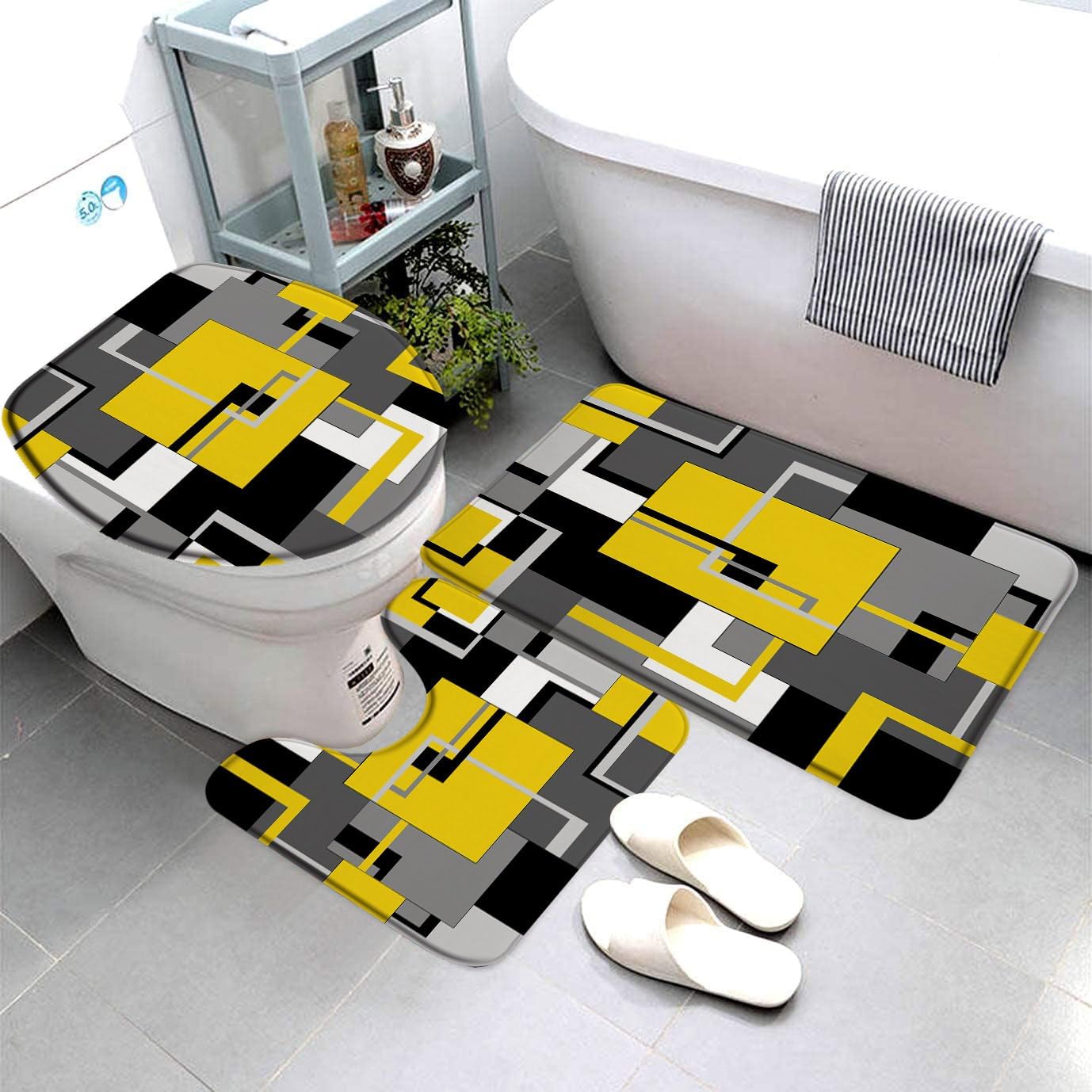 3 Pieces Set Black White Grey Geometric Bath Mat Abstract Mid Century Modern Minimalist Fashion Home Pink Bathroom Rugs Toilet Lid Cover Pedestal Rug U-Shaped
