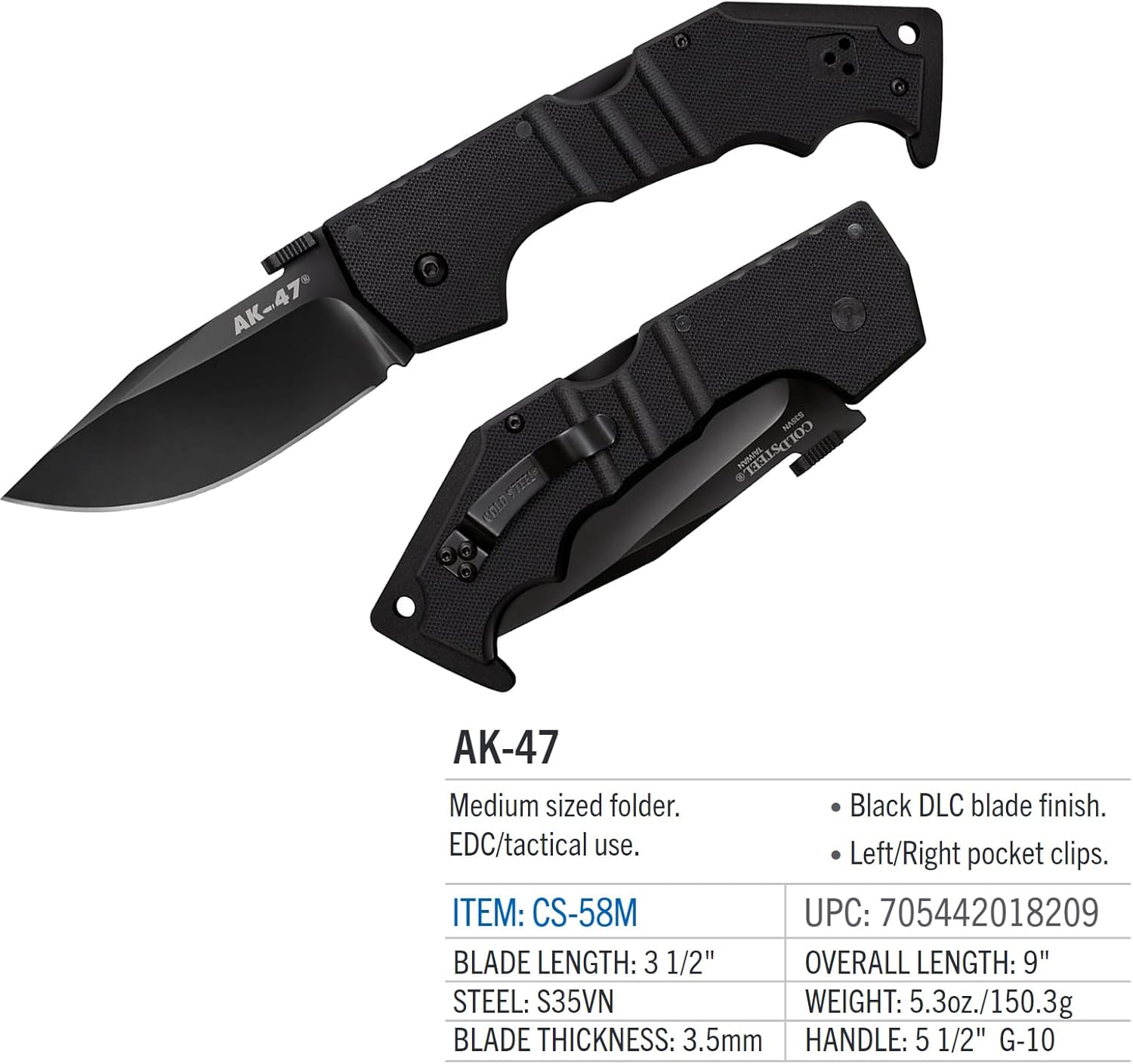 Cold Steel AK-47 3.5" S35VN Razor-Sharp Clip Point Blade 5.5" G-10 Handle Tactical Folding Knife w/Tri-Ad Lock, Ambidextrous Pocket/Belt Clip