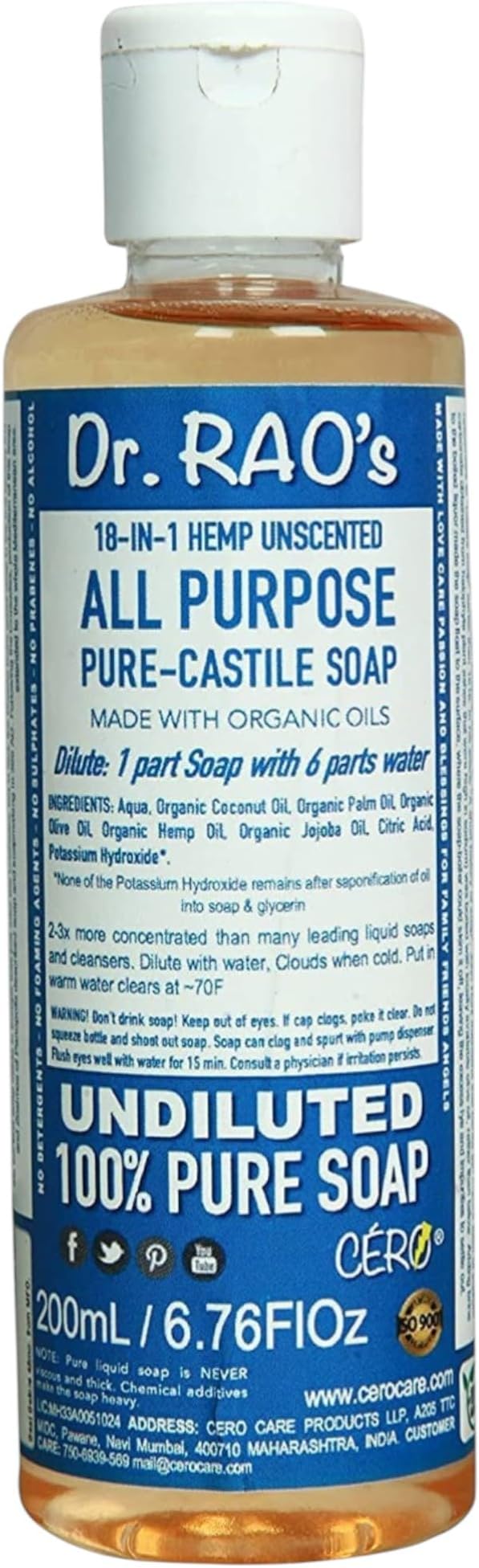 Dr Rao's Unscented All Purpose Pure Castile Soap For Suitable For Dish Wash, Laundry, Made With Organic Oils, 100% Pure Soap, Undiluted - (200ml)