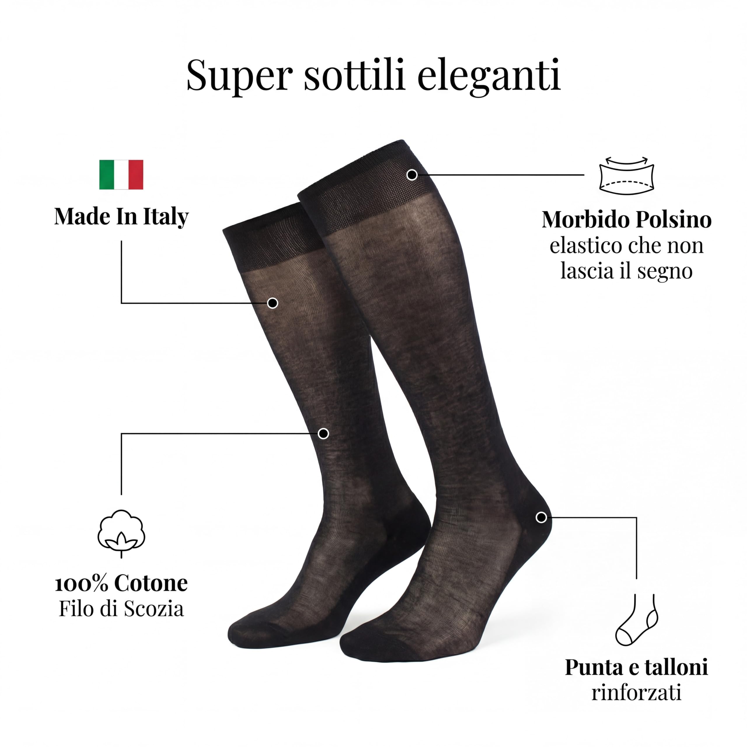 Ciocca Scatola Regalo 4 paia Calze Lunghe Chiffon Filo di Scozia 100% Cotone Sottilissime - Made in Italy - Eleganti comode