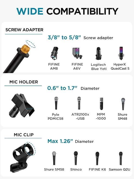 InnoGear Microphone Stand, 2 Pack Tripod Boom Arm Floor Mic Stand Height Adjustable with Carrying Bag 2 Mic Clips 3/8 to 5/8 Adapter for Singing Podcast for Blue Yeti Shure SM58 SM48 Samson Q2U