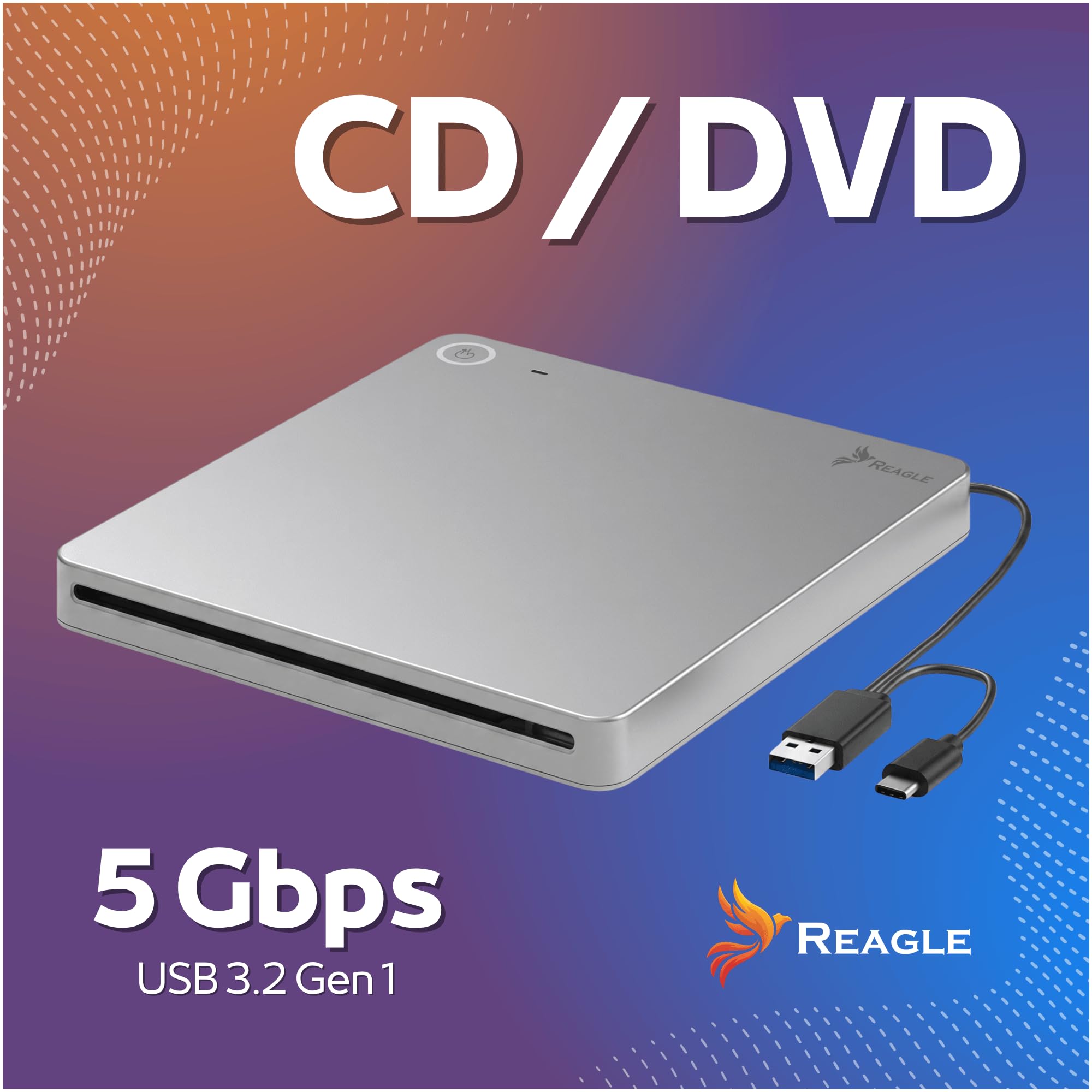 Reagle Lecteur Graveur CD DVD Externe Slot-in USB-C USB-A 2-en-1, USB 3.2 Gen 1 5 Gbit/s, CD 24x DVD 8X, Câble Intégré, Plug & Play pour PC Portable, Windows macOS Linux, Argent
