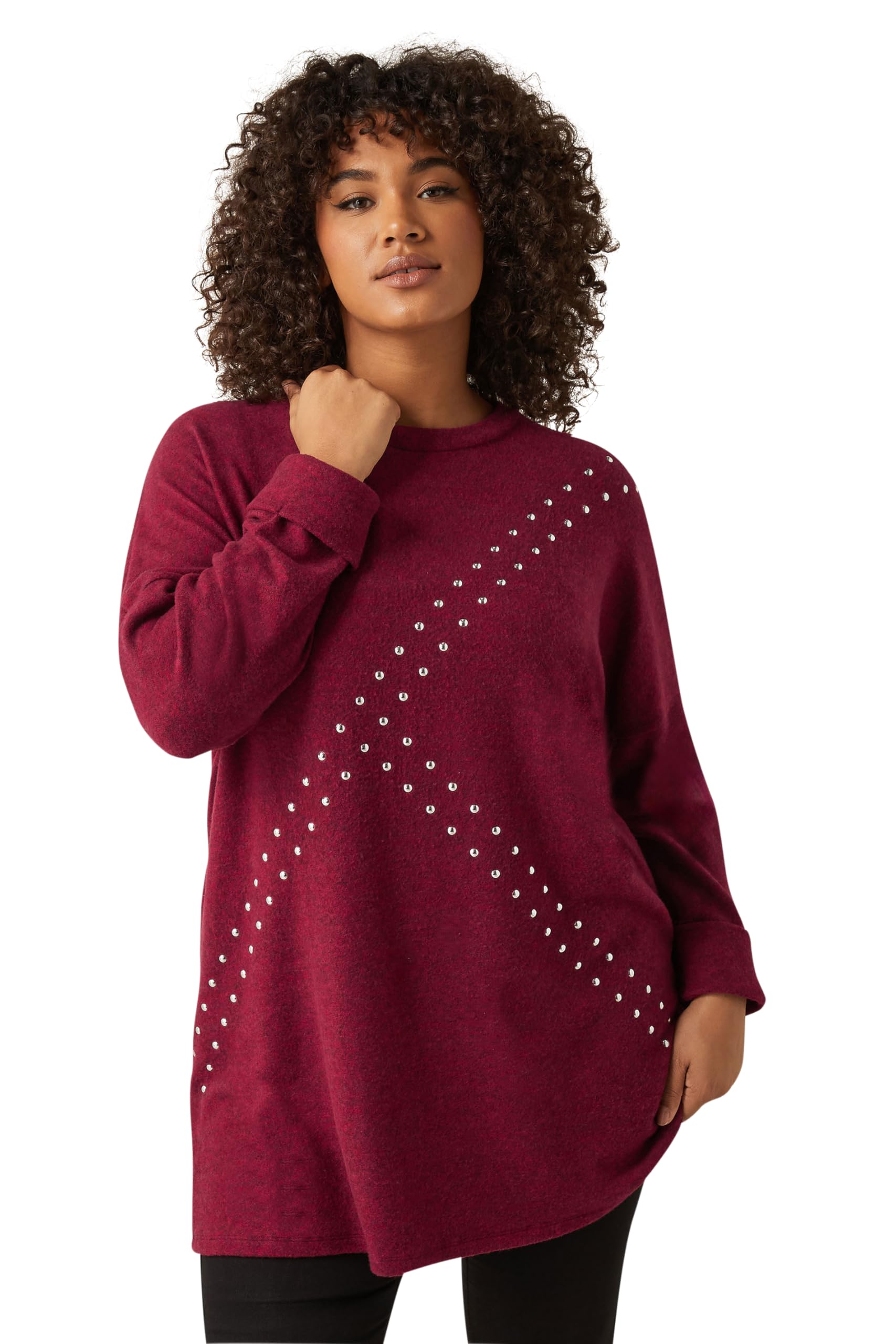 Evans Women's Burgundy Curve Red Stud Longline Jumper - Plus Size Curve