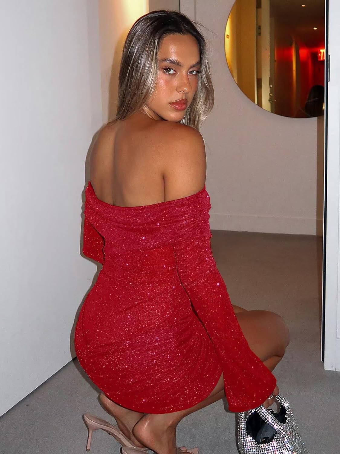 Ekaliy Women’s Sexy Off Shoulder Sparkly Mini Dress Long Sleeve Ruched Bodycon Dress Mesh Sheer Party Club Dresses - Image 6