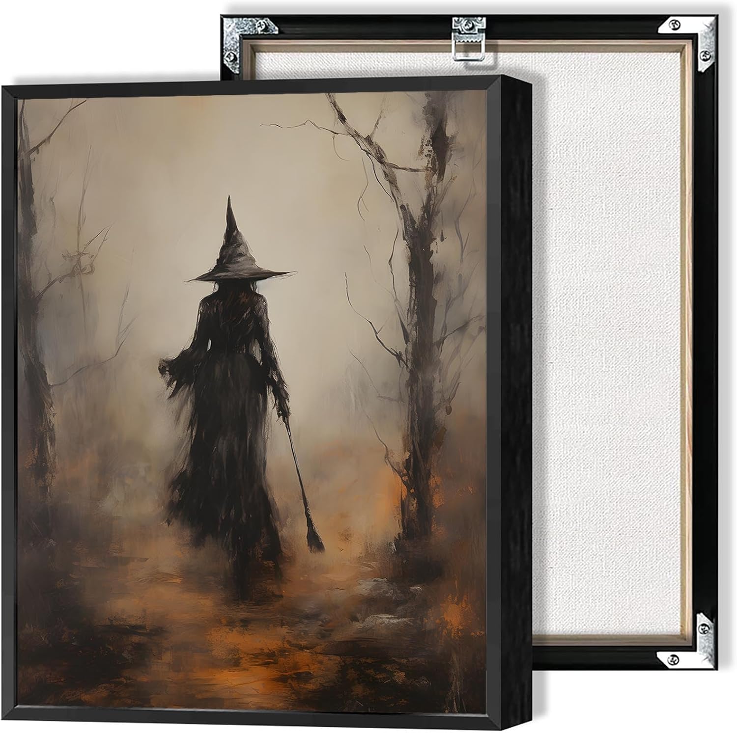 Retro Witch Halloween Wall Art Halloween Forest Witch Canvas posters Rustic Goth Dark Academia Horror thriller prints painting For Living Room Bedroom Home Office Wall Decor 12x16in Black Framed