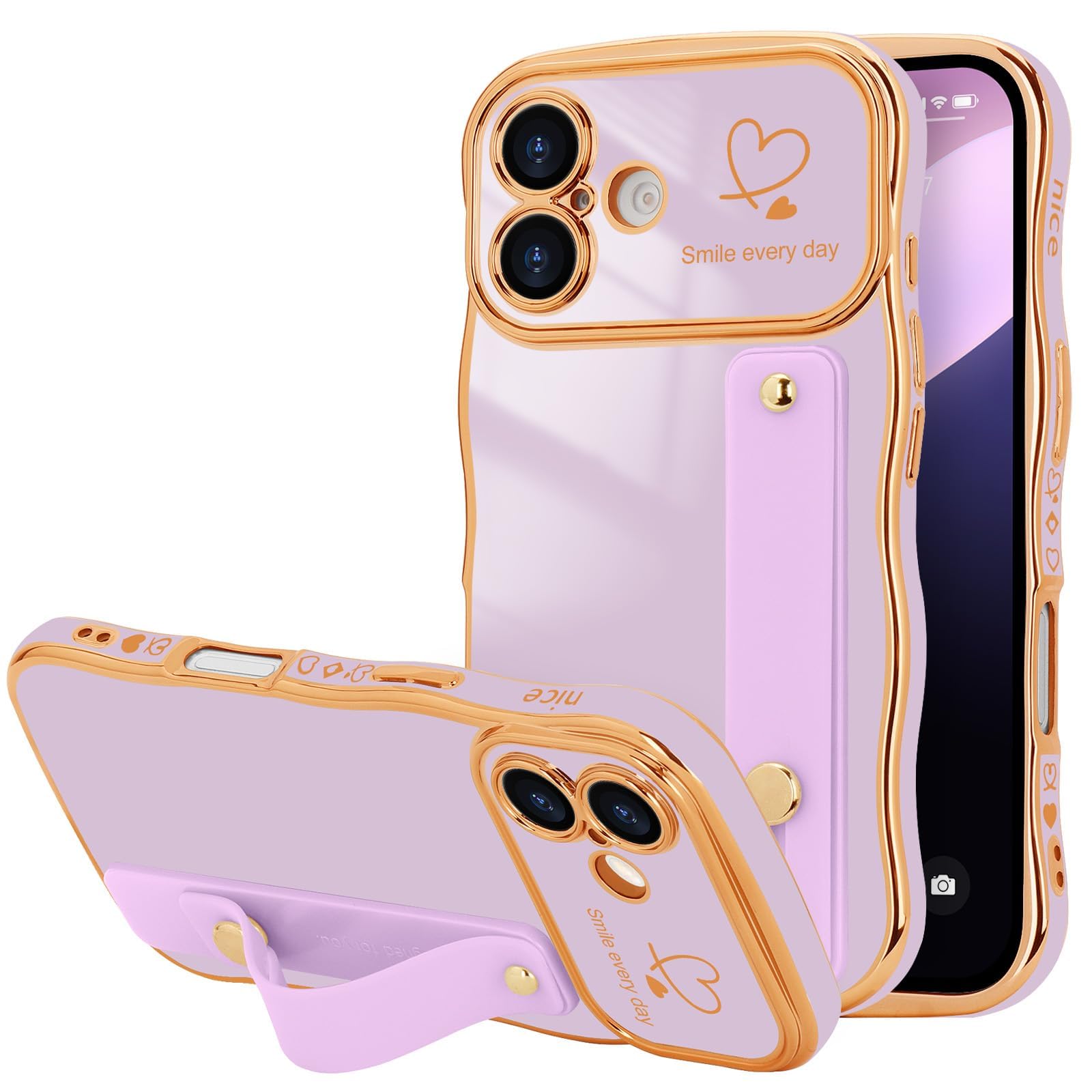 LLZ.COQUE for iPhone 16 Case for Women Girls with Strap, Wave Frame Cute Love-Heart Plating Luxury Bling Stand Cover, Raised Full Camera Soft Silicone