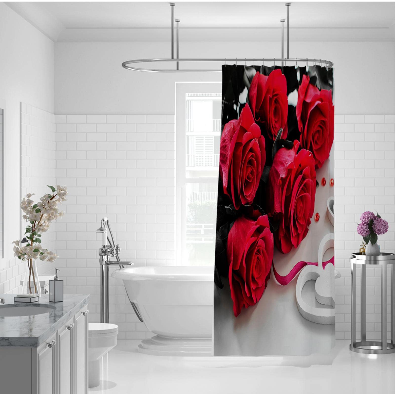 Moderne Florale Duschvorhänge Luxus Rote Rose Romantische Badezimmer Duschvorhang Sets Waschbarer Duschvorhang im Hotelstil mit Haken 200x180 cm