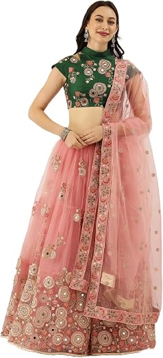 Divine International Trading Co Women's Net Embroidered Semi-Stitched Lehenga Choli with Dupatta (Peach-Wedding-Girlish-La...
