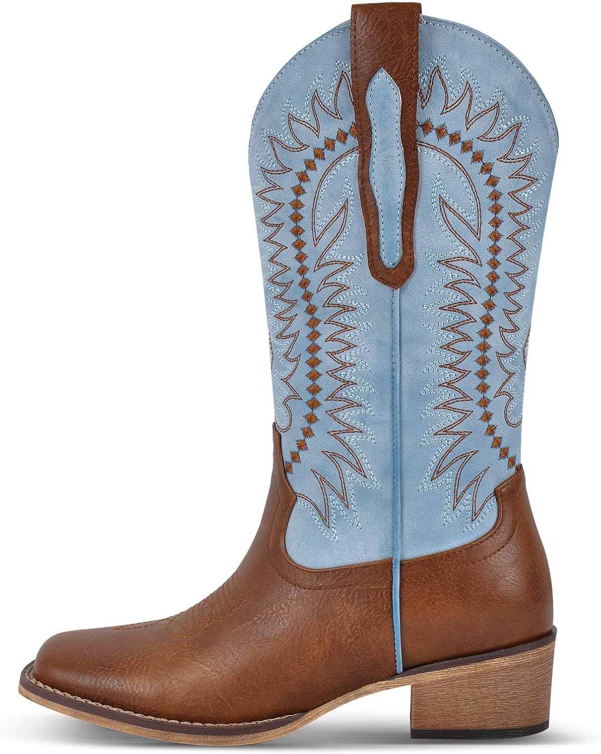 sexytag Embroidered Cowboy Boots for Women – Two-Tone Square Toe Cowgirl Boots, Pathwork Mid-Calf Western Boots