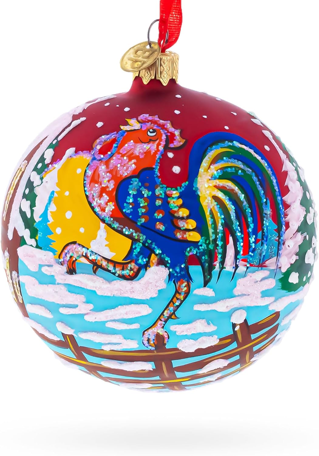 Rooster in The Winter Village Glass Ball Christmas Ornament 4 Inches