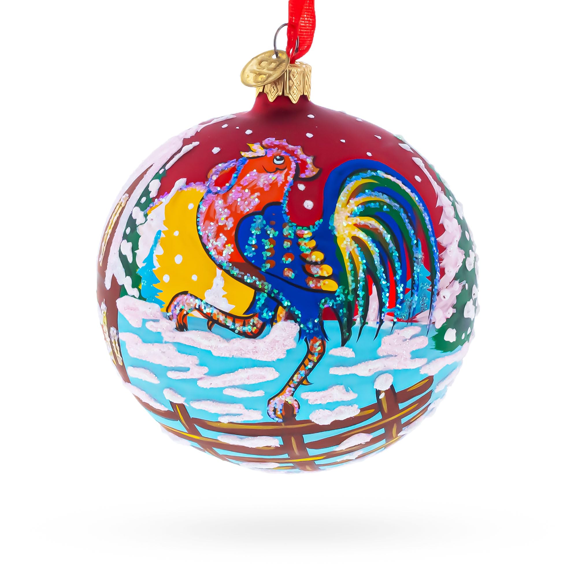 Boule de Noël coq en verre suspension sapin village hiver BestPysanky