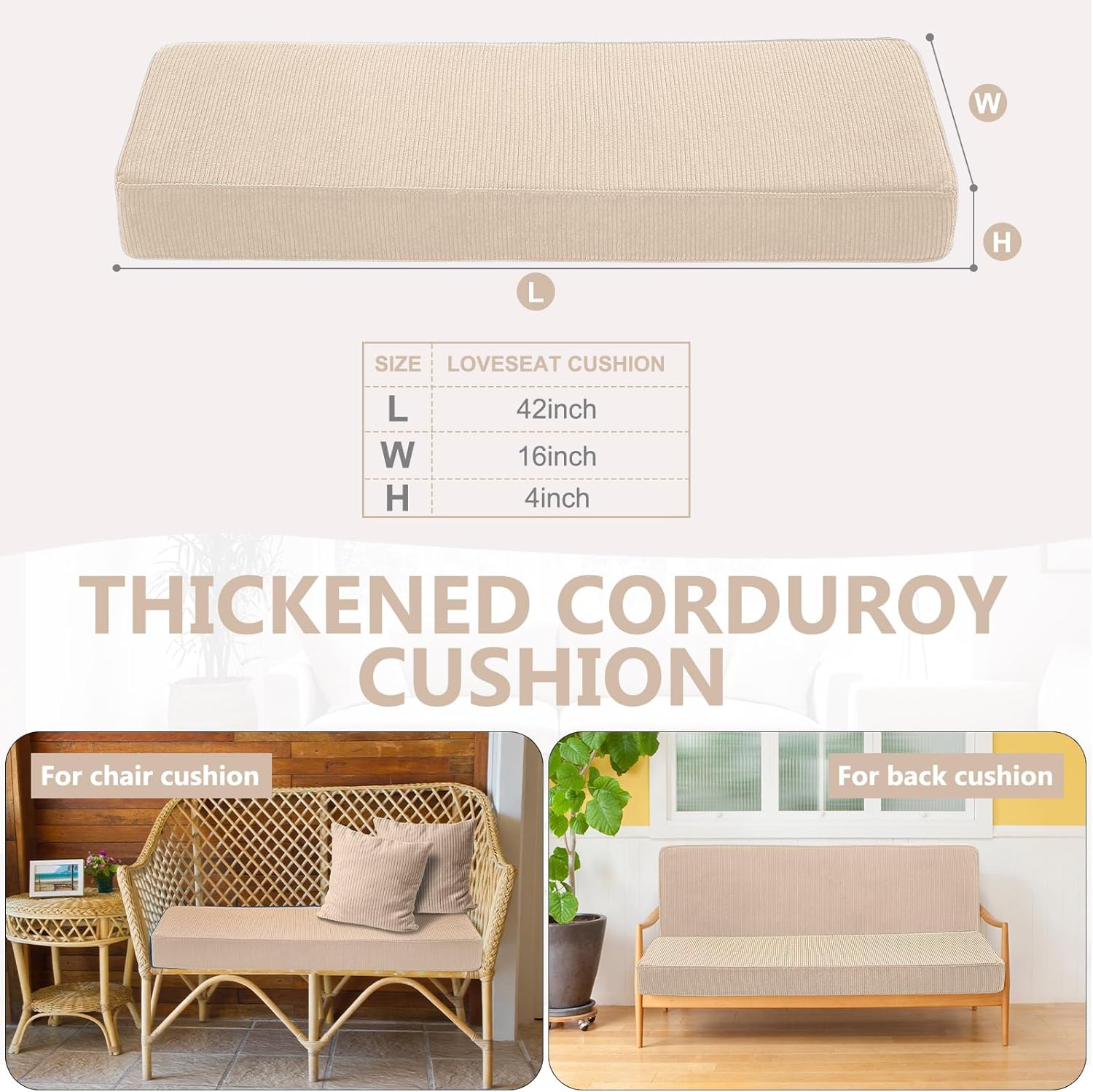 wenqik corduroy indoor bench cushion 42x16 furniture loveseat patio swing piano wicker couch window seat pad thickened memory sponge back cushion farmhouse boho textured home decorative (beige) beige 42x16"
