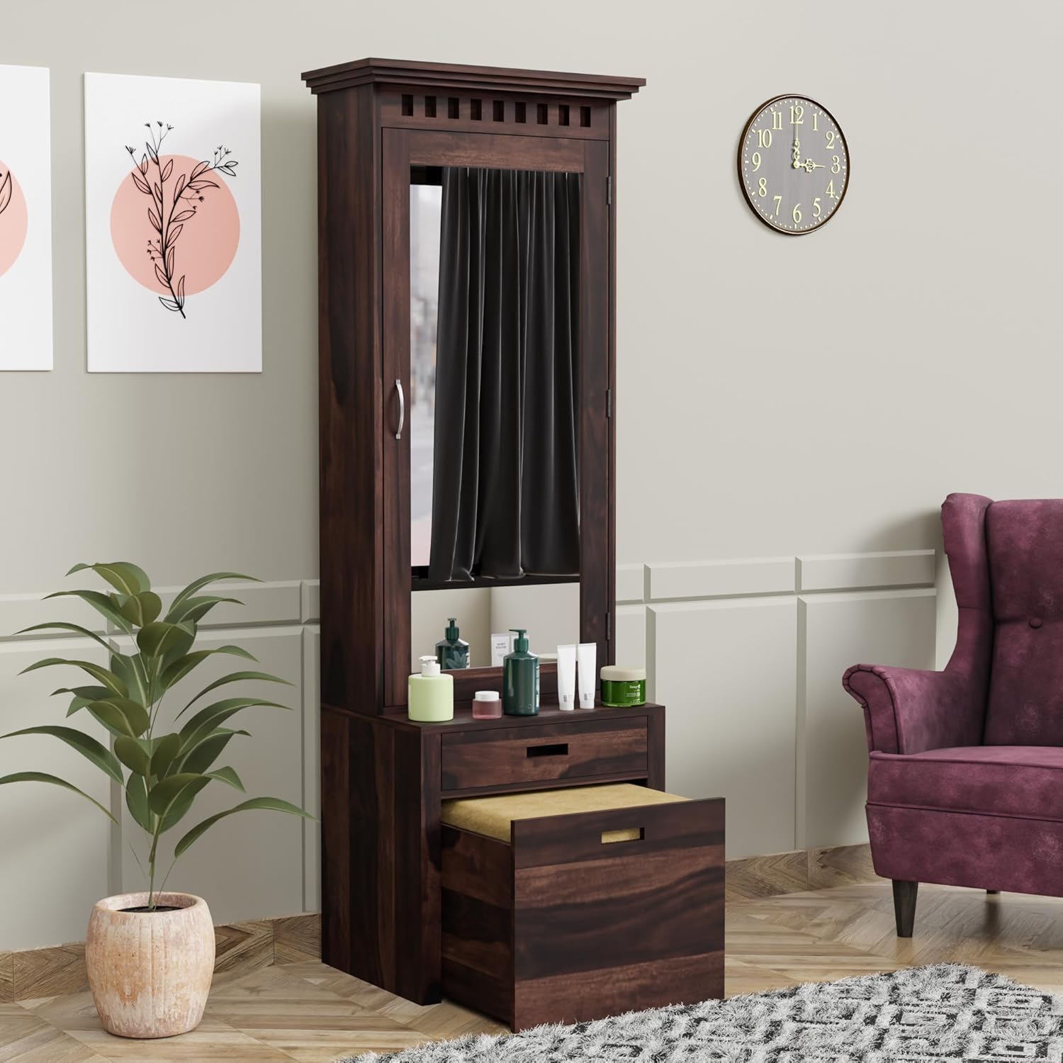 Sheesham Solid Wood Dressing Table with Mirror Storage || Wood Dressing Table with Stools & Shelve || Makeup Table Vanity Bedroom Furniture || Walnut Finish-picture-25