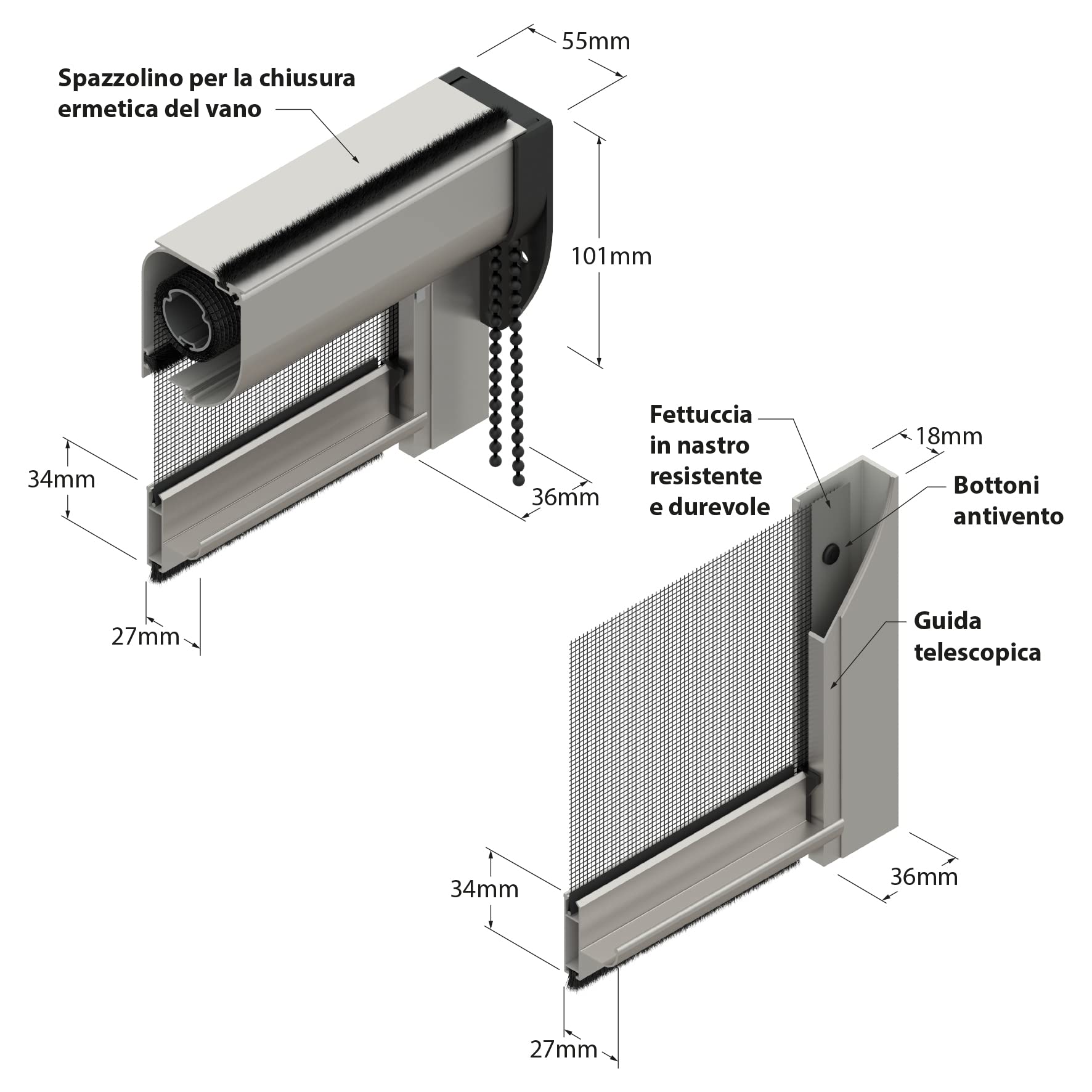Zanzanet Zanzariera Chiusura Ermetica verticale a catena 55mm per finestre su misura personalizzabile a rullo con profilo robusto e resistente in alluminio 45x90 cm