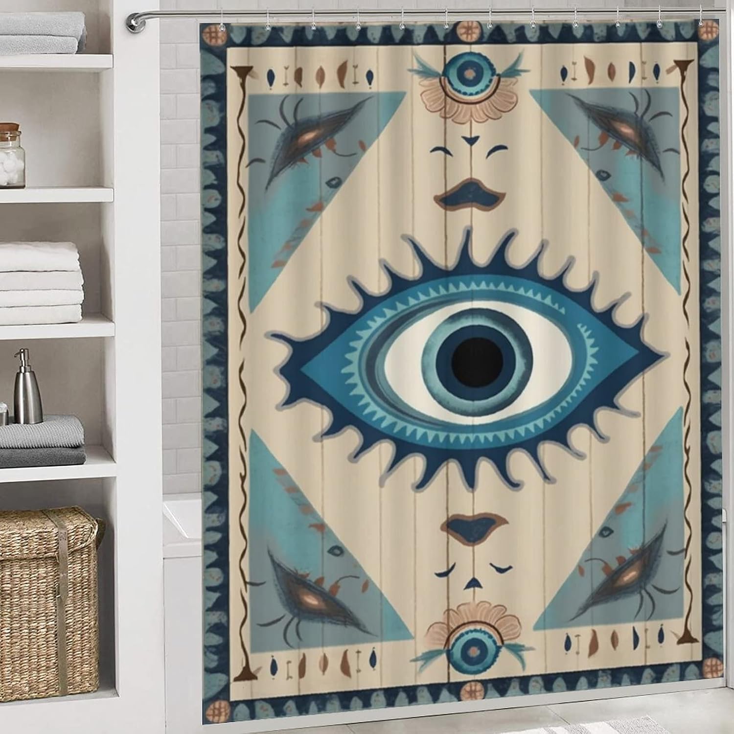 4 Pcs Bathroom Shower Curtain Set,Bathroom Sets with Rugs (Bath Mat,U Shape and Toilet Lid Cover Mat), Evil Eye Tribal Boho Retro Bathroom Decor Set