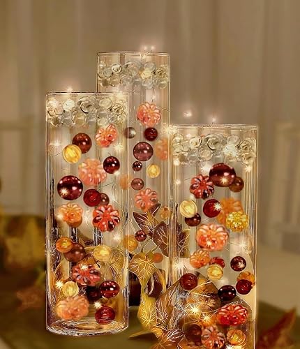 Miniatura 10 de 50 tonos flotantes de hojas de otoño brillantes, madres, perlas, guijarros, rellenos de 1 galón para jarrones, con gel transparente medido, kit